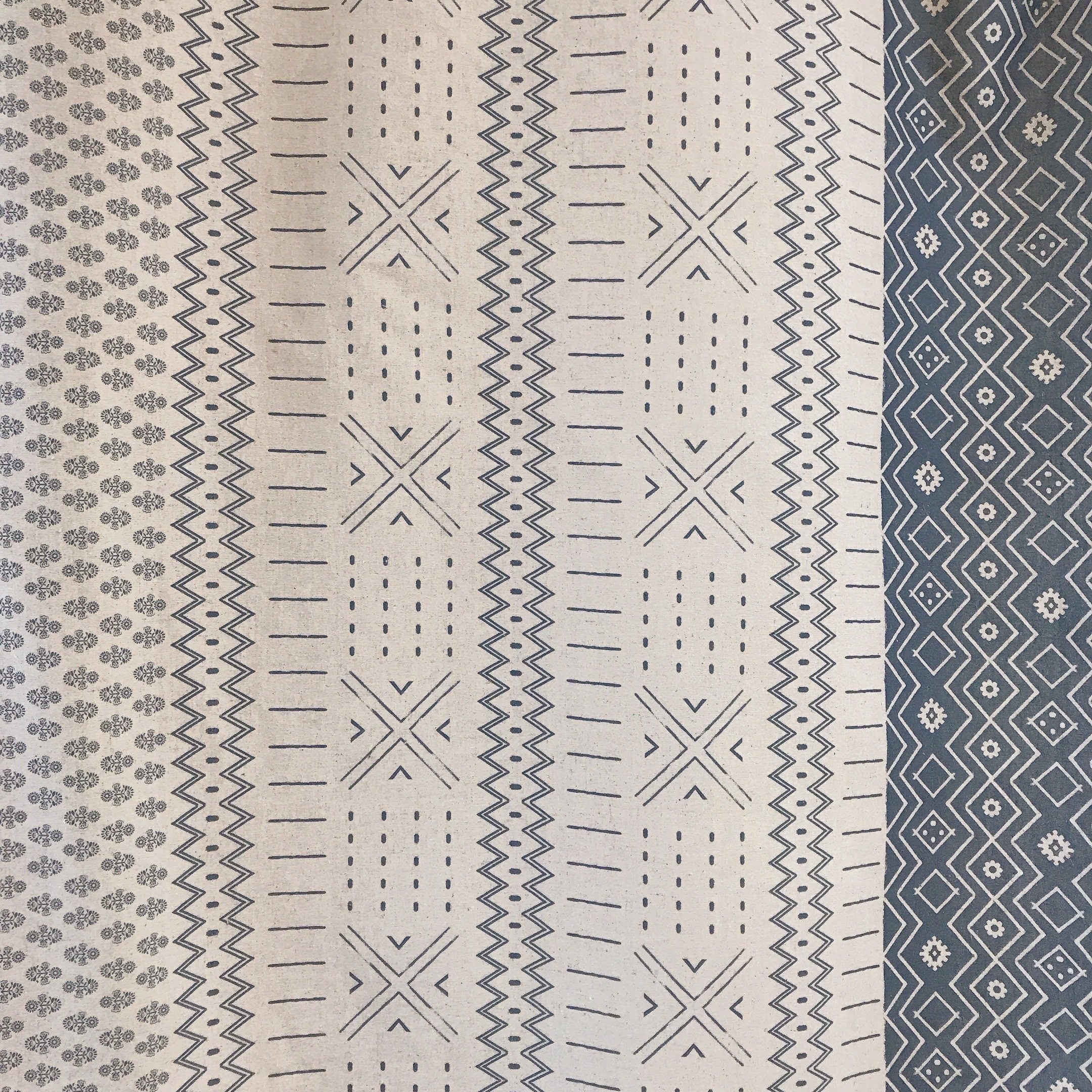 Softened Indigo Blue Geometric Curtain on Natural Beige