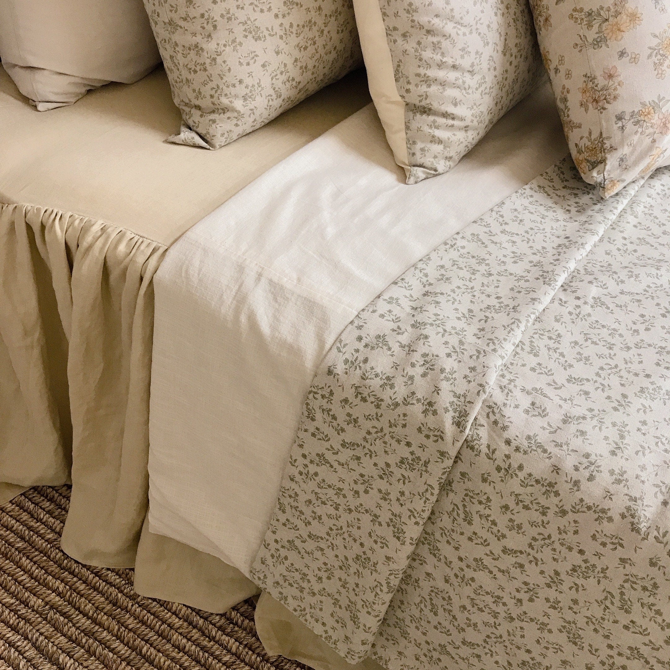 Sage Green Floral Duvet Cover in Natural Beige