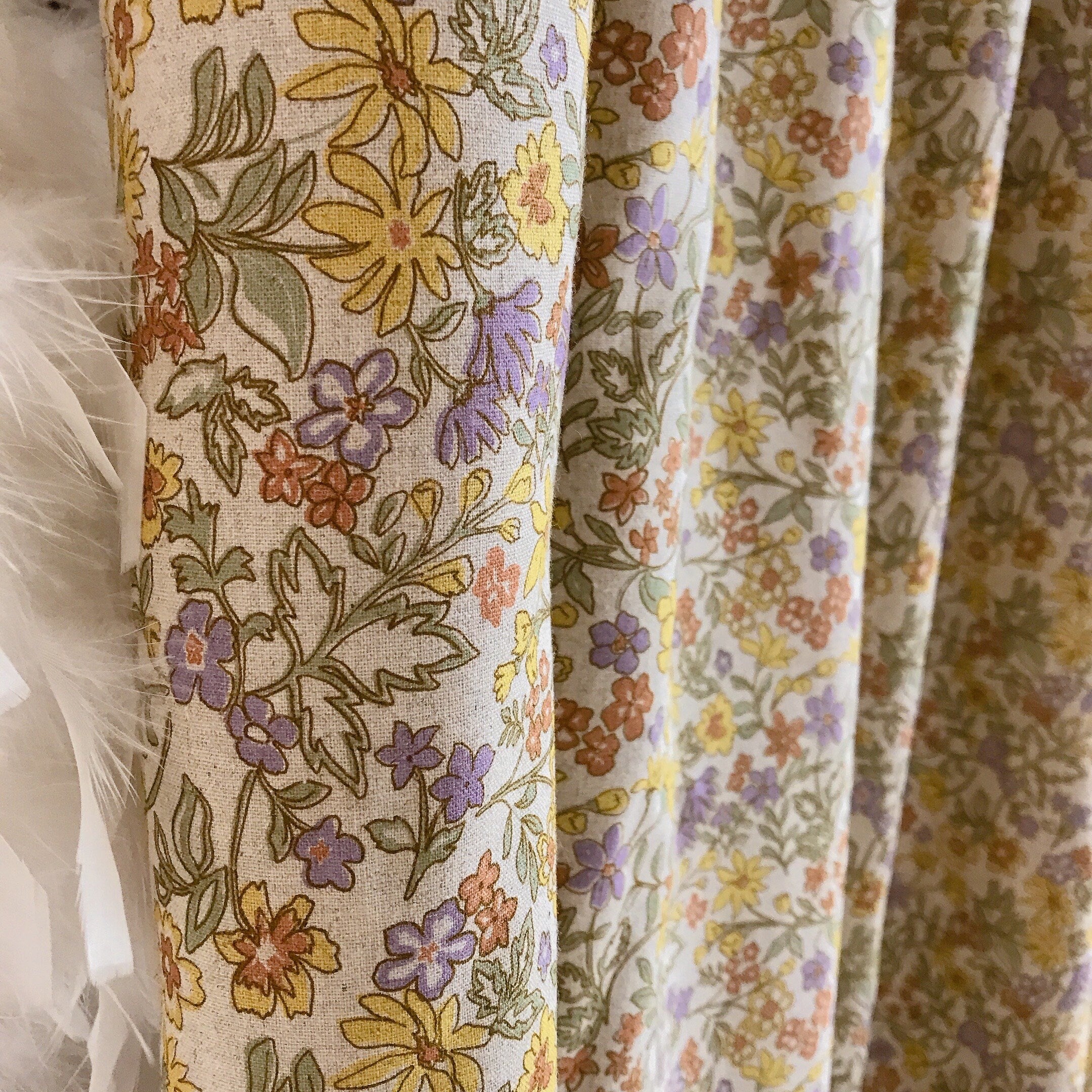 Purple Yellow and Brick Floral Curtain on Natural Beige