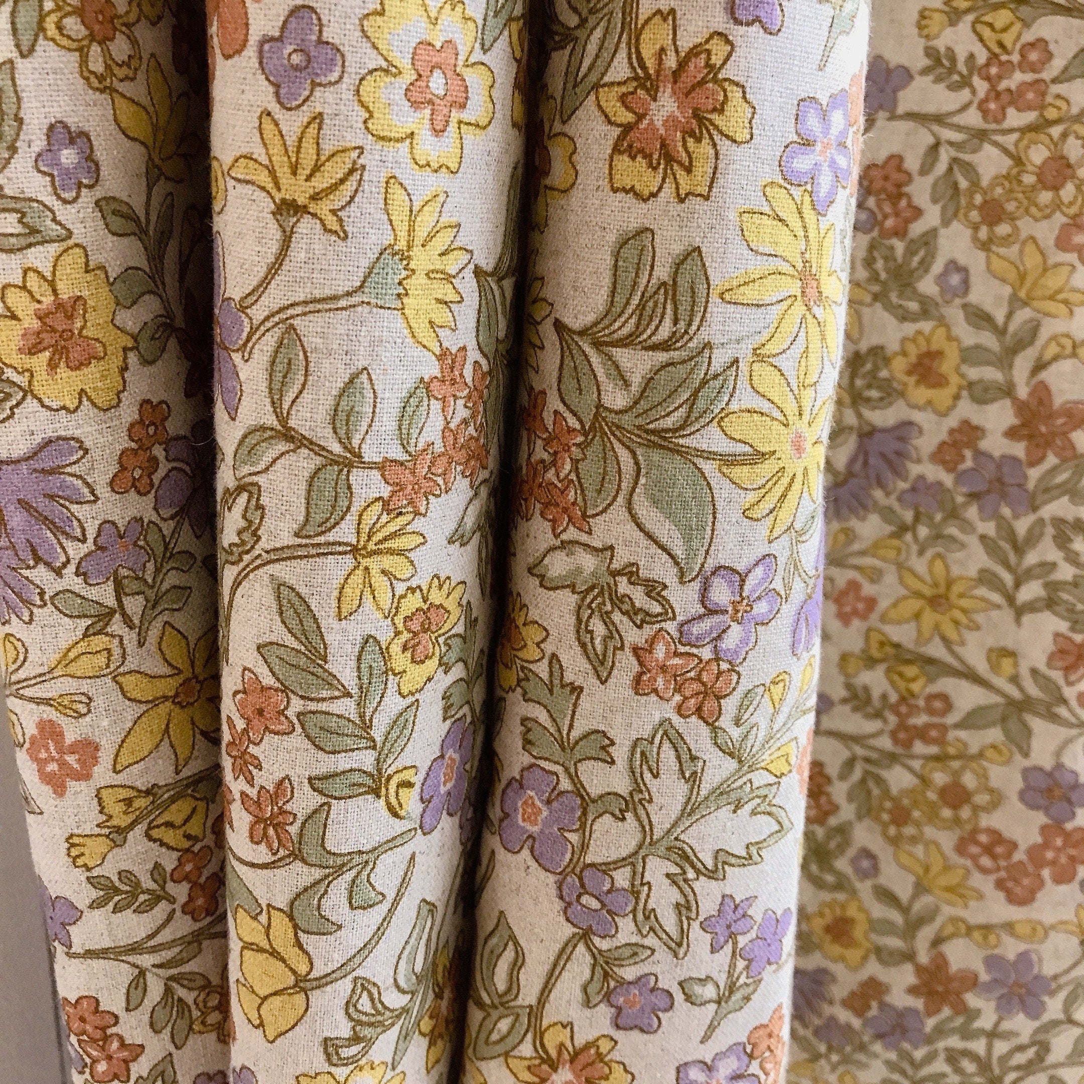 Purple Yellow and Brick Floral Curtain on Natural Beige