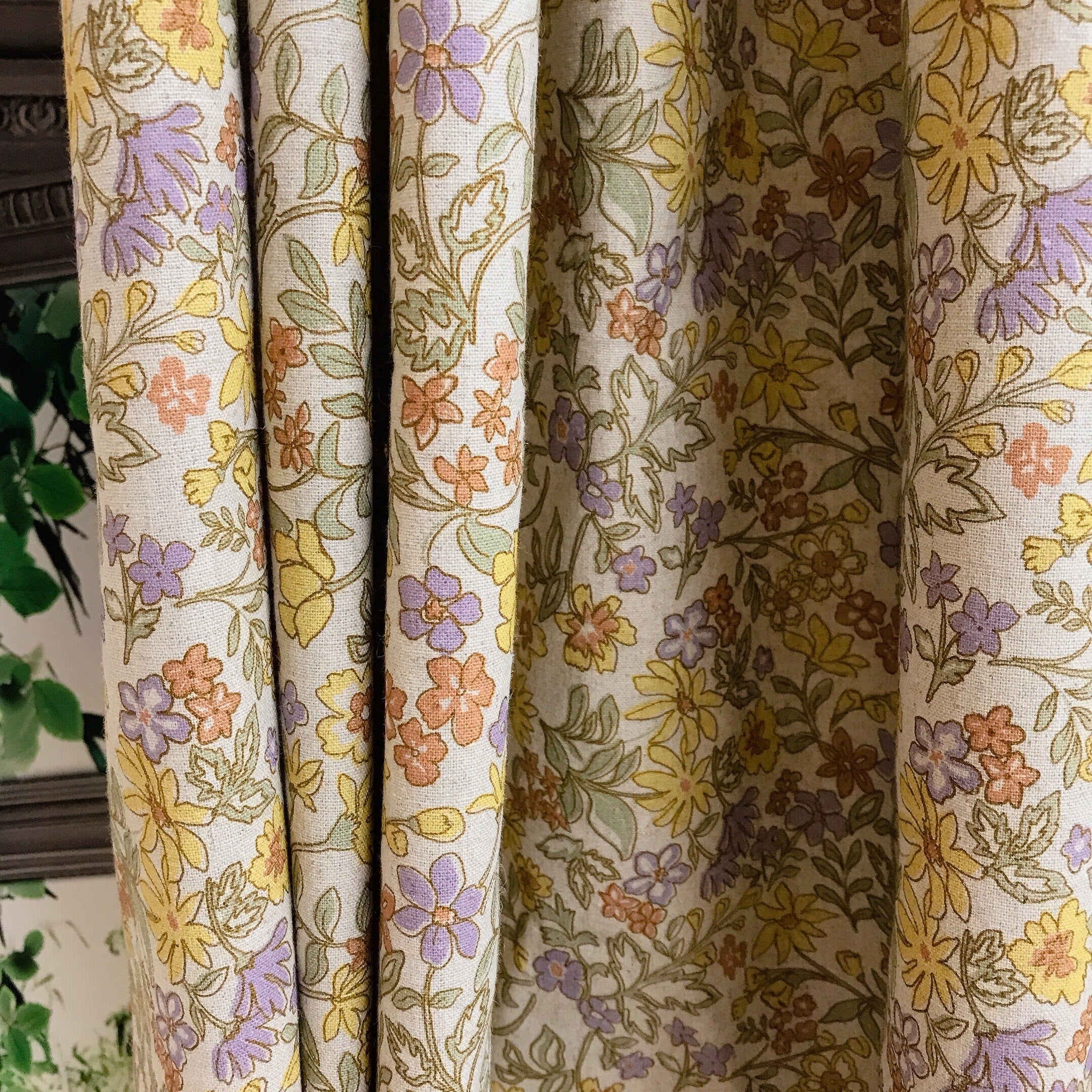 Purple Yellow and Brick Floral Curtain on Natural Beige
