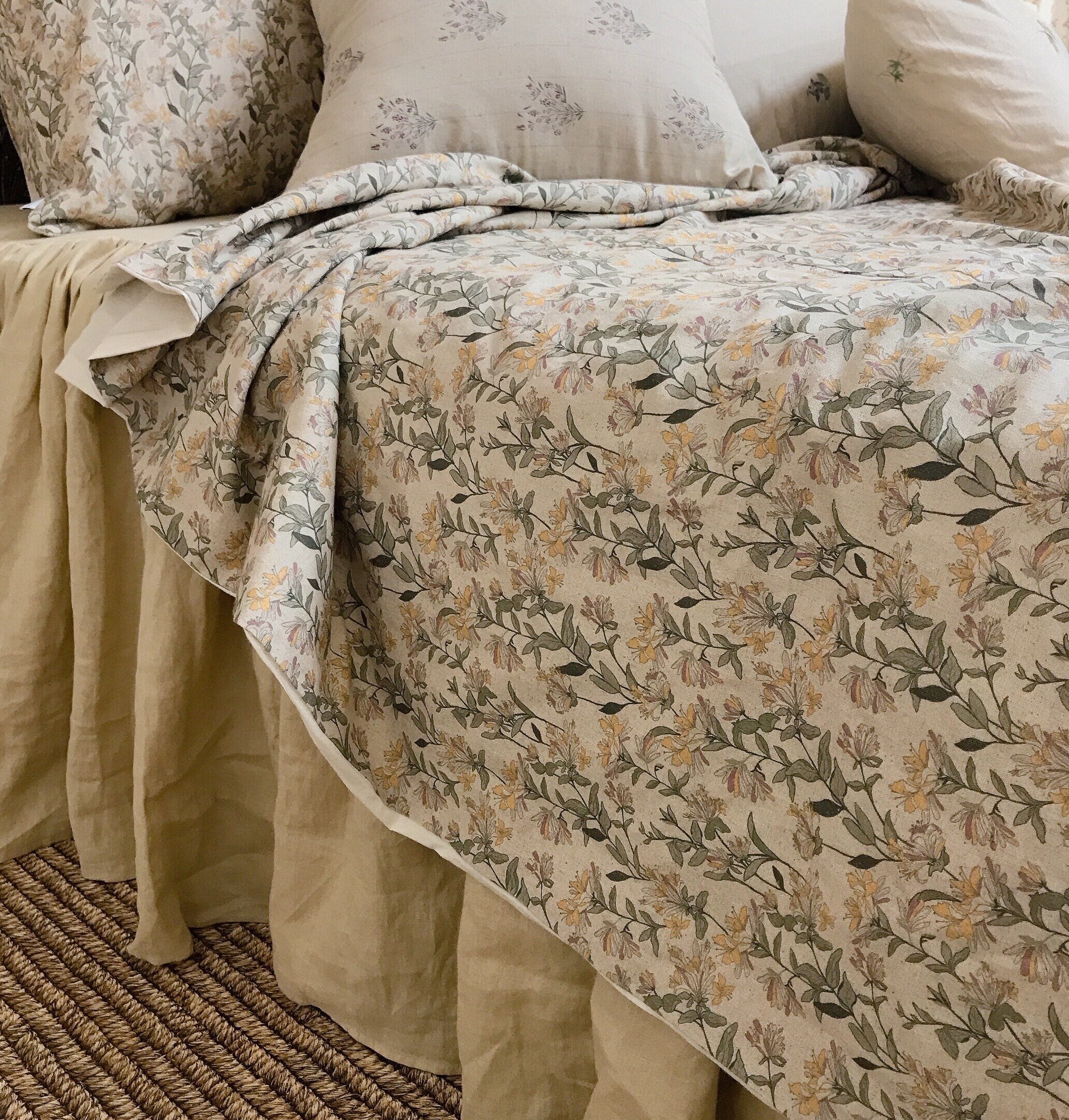 Light Orange and Plum Pink Floral Duvet Cover on Natural Beige