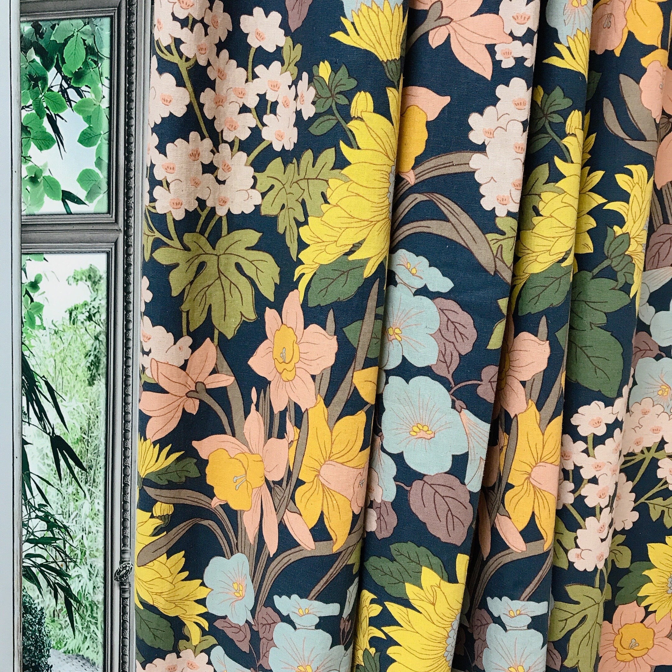 Sunflower Blossom Curtain on Dark Navy