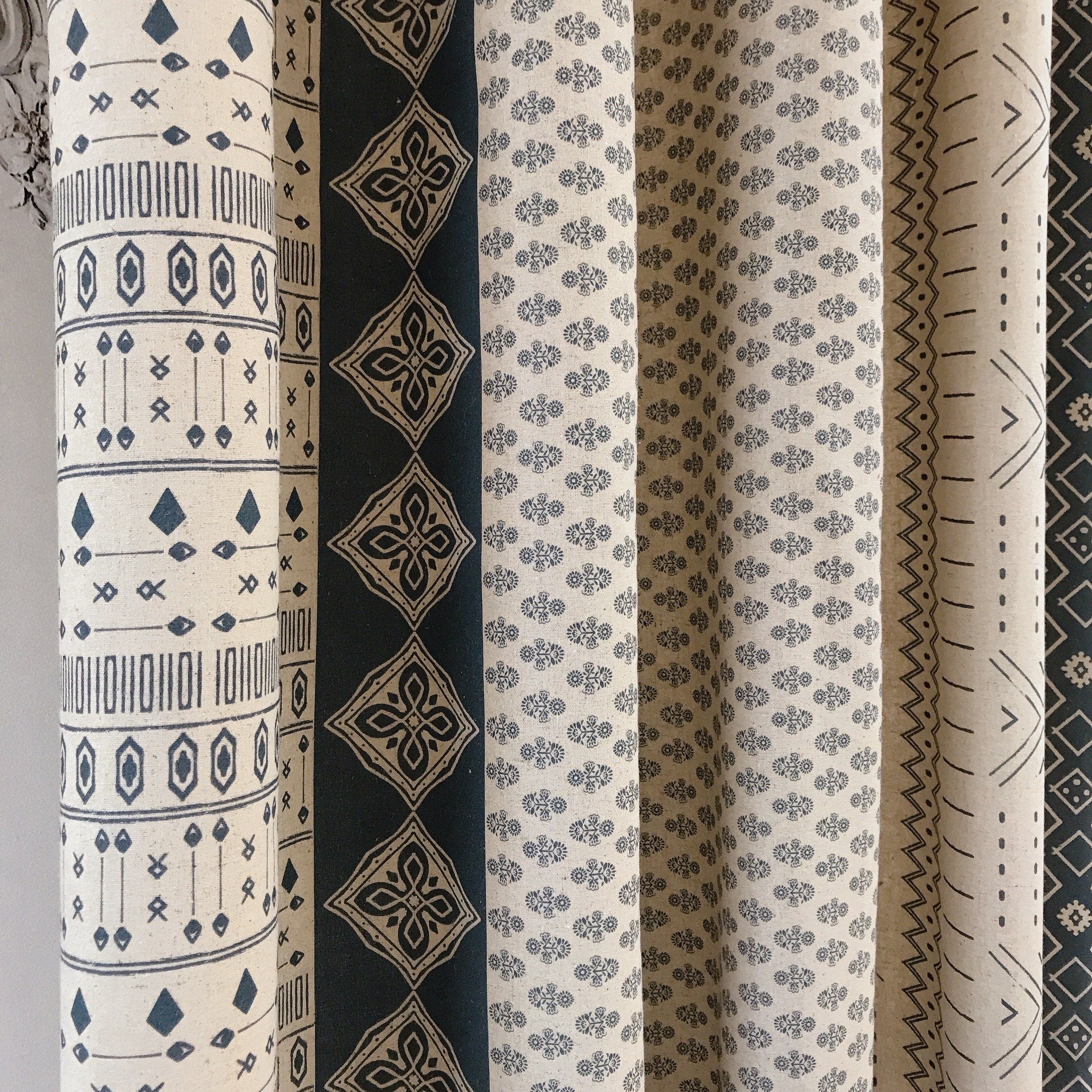 Softened Indigo Blue Geometric Curtain on Natural Beige
