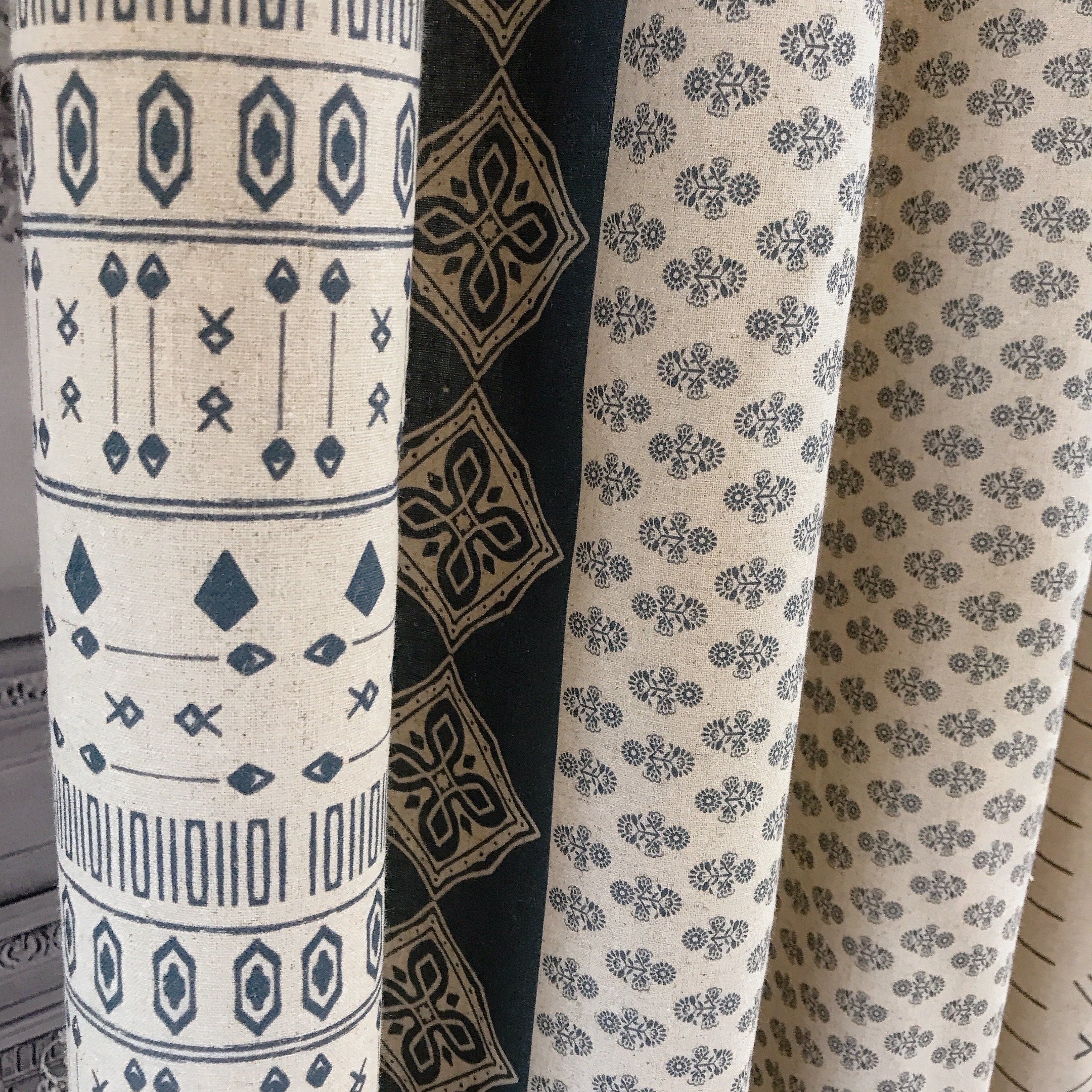 Softened Indigo Blue Geometric Curtain on Natural Beige