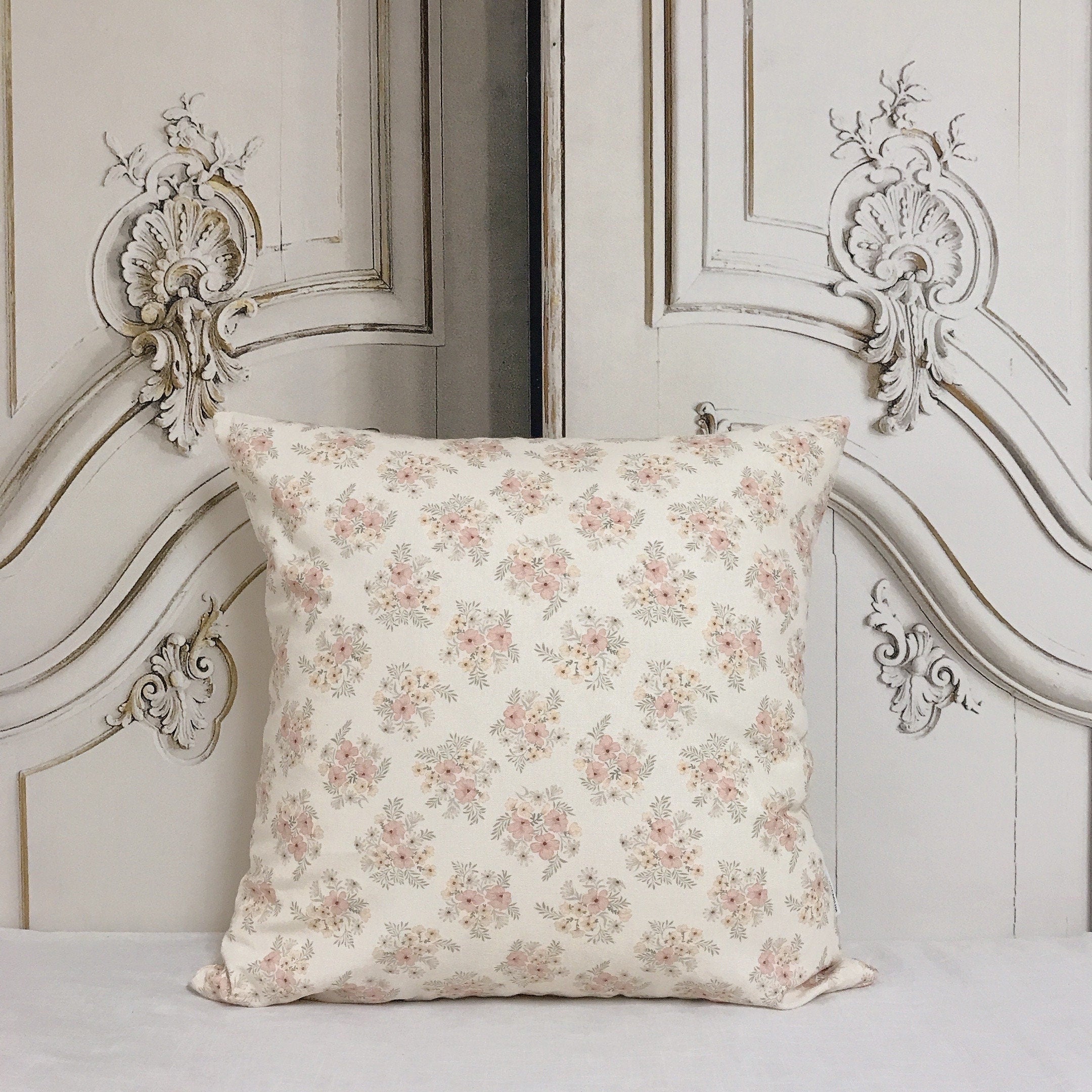 Salmon Pink Floral Cushion Cover on Cream Beige