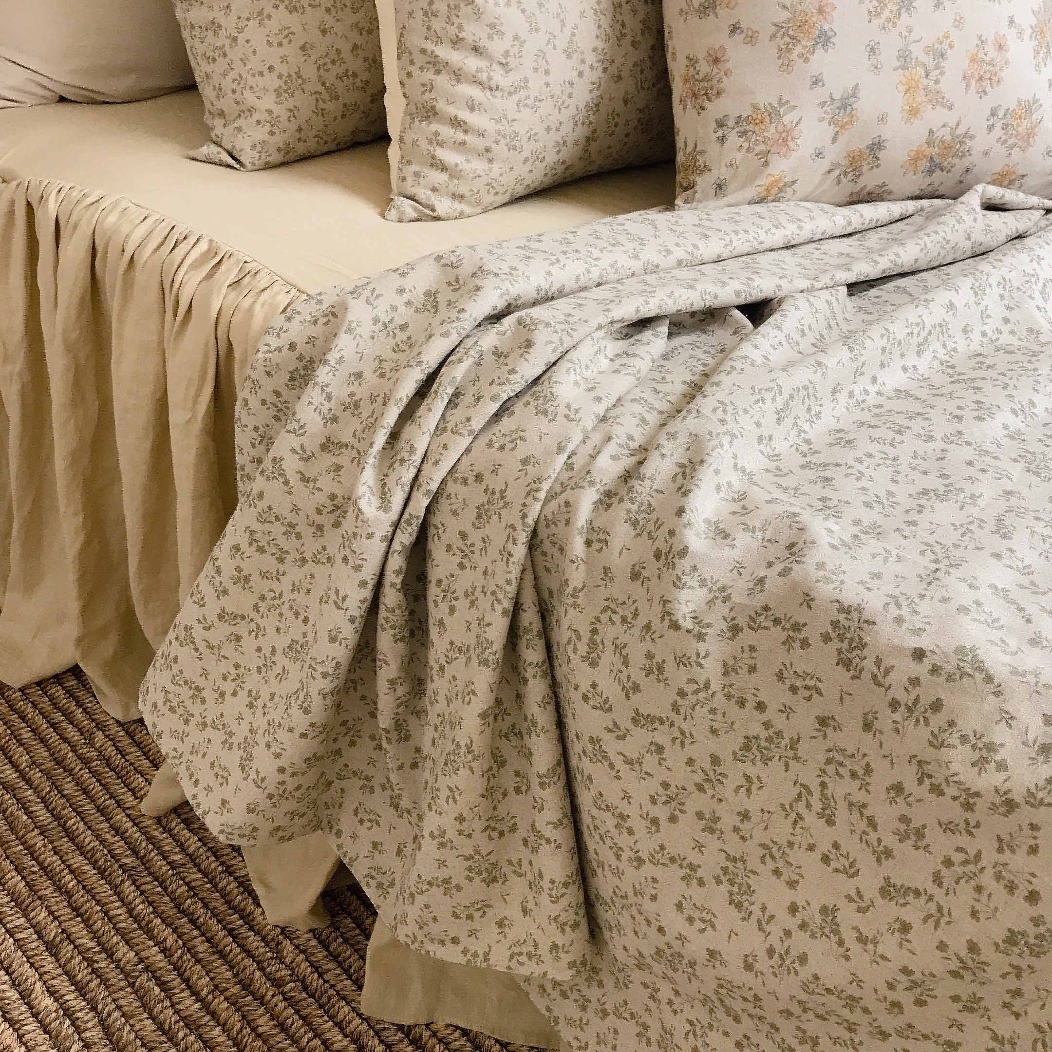 Sage Green Floral Duvet Cover in Natural Beige