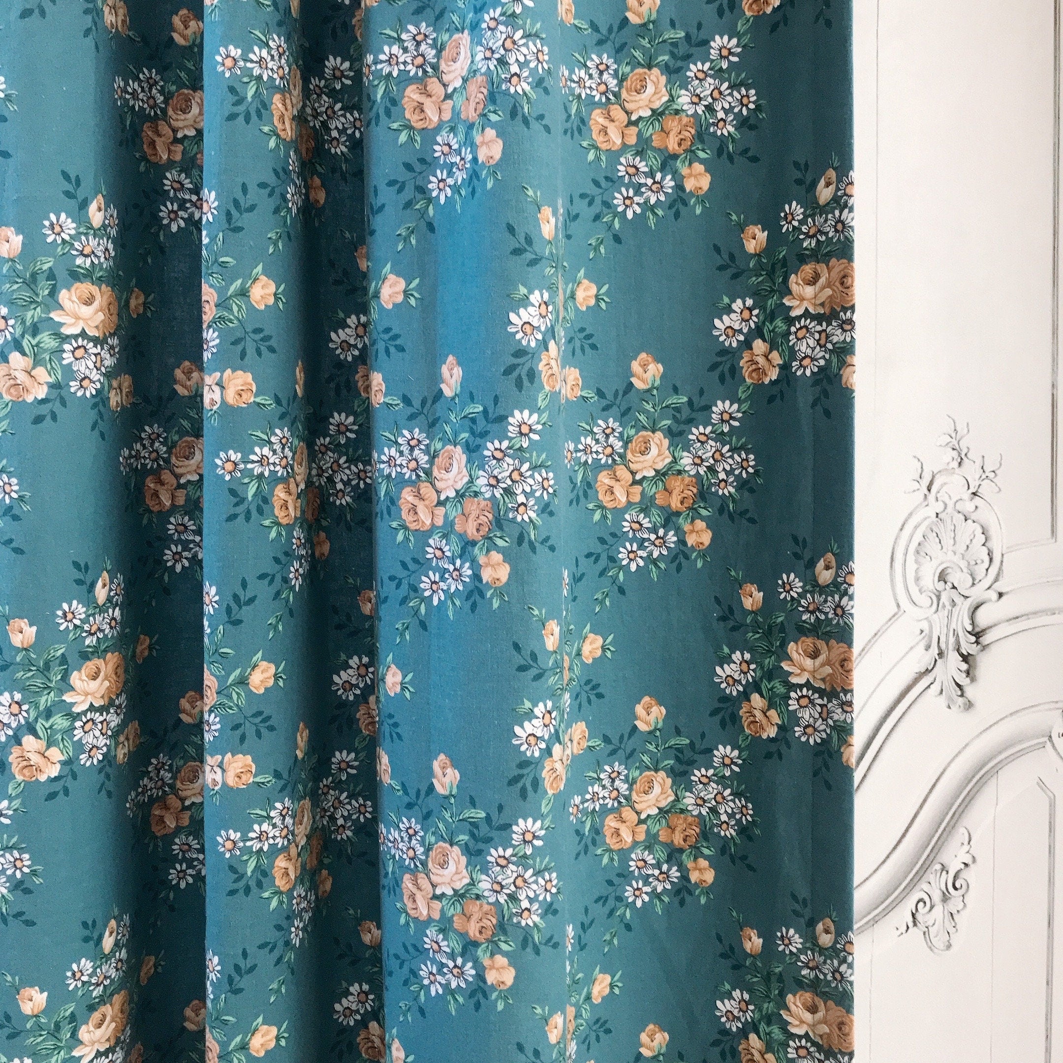 Light Mustard Floral Curtain on Teal