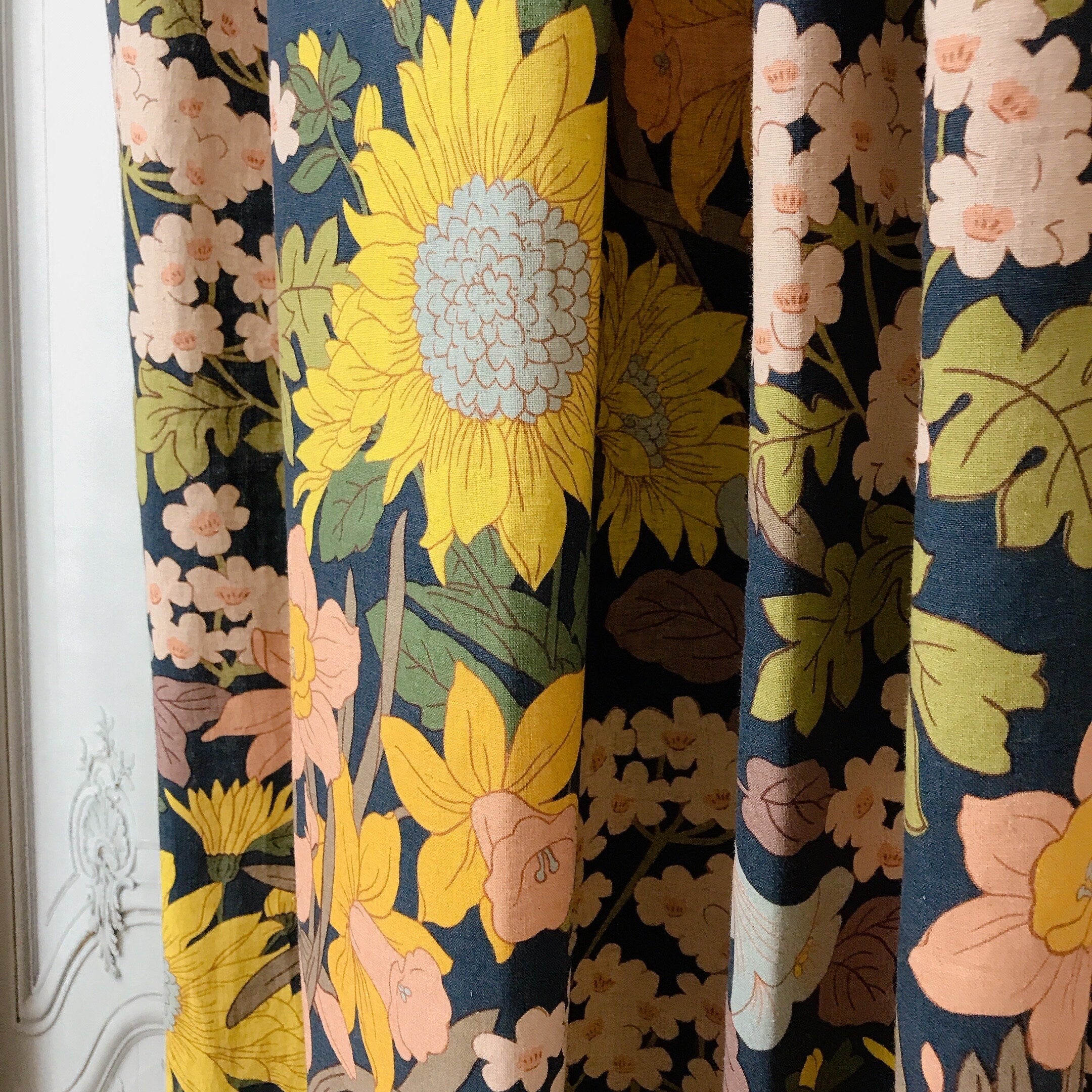 Sunflower Blossom Curtain on Dark Navy