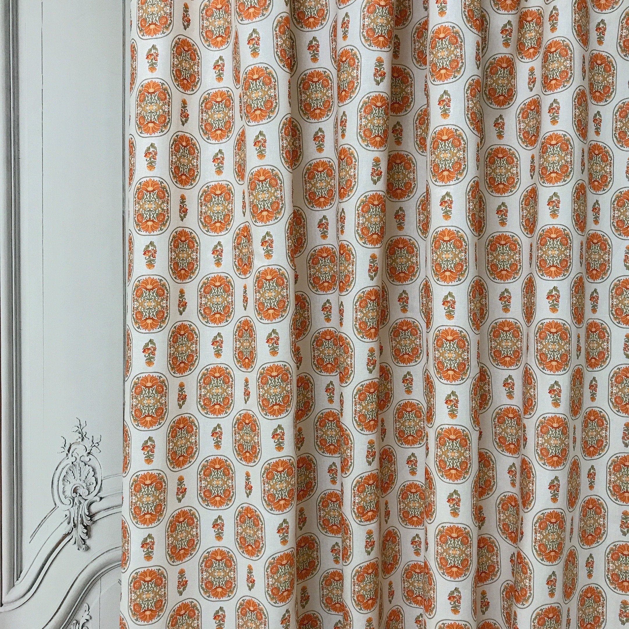 Terracotta Orange Floral Curtain on Light Natural Beige