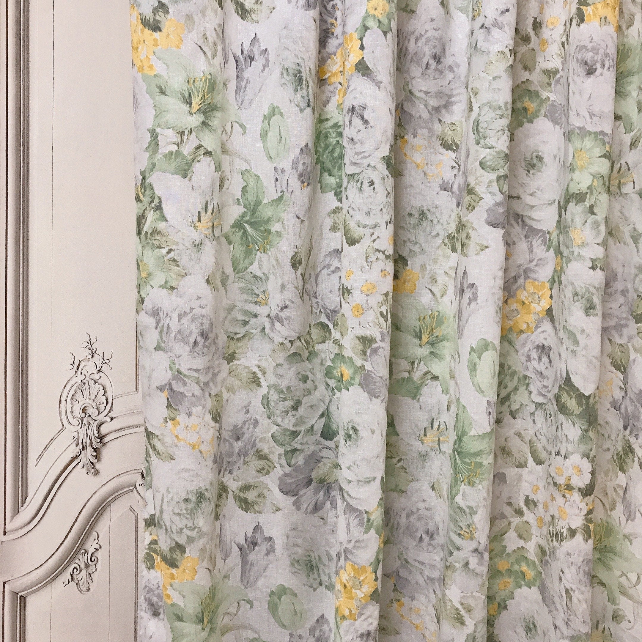 Light Grey Bold Floral Curtain on White
