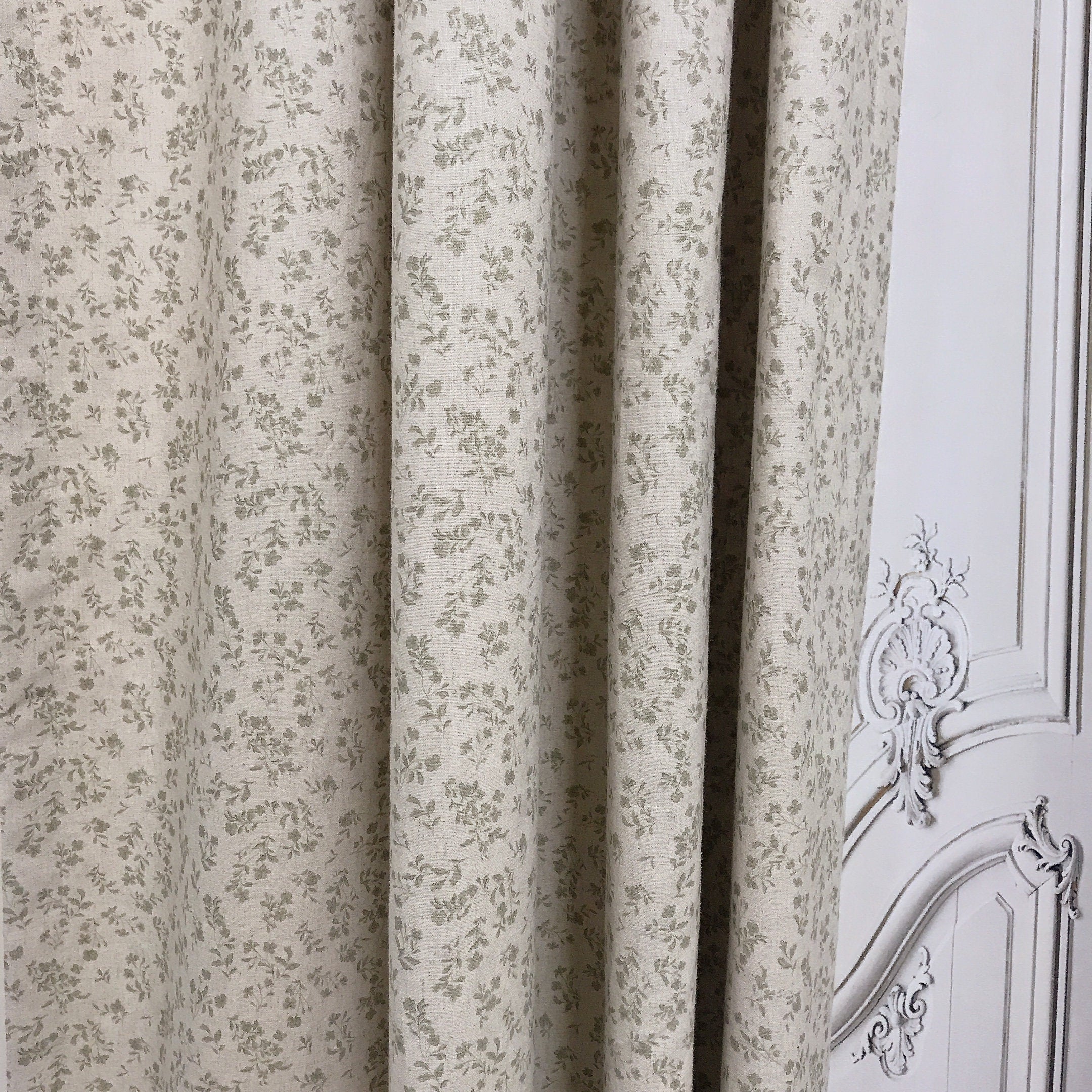 Sage Green Floral Cotton Curtain on Natural Beige