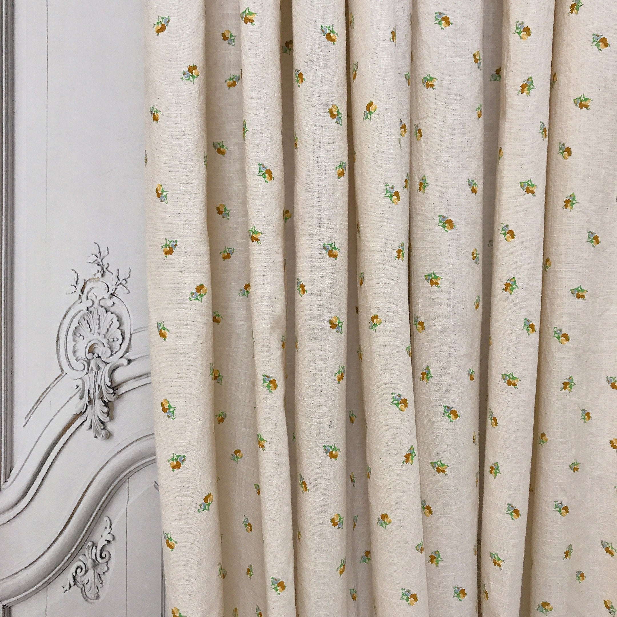 Tiny Floral Curtain in Mustard Yellow on Natural Beige