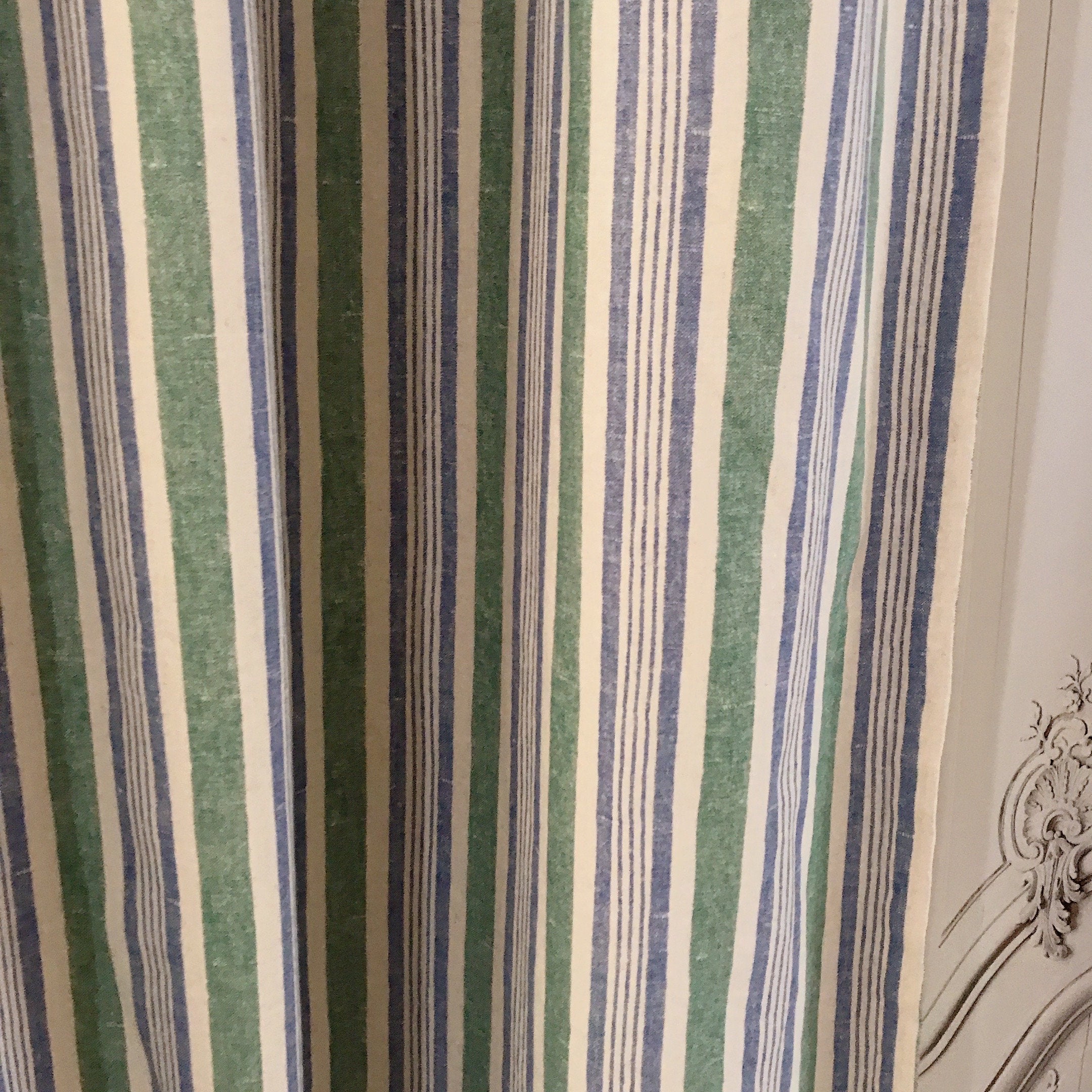 Dusty Forest Green and Blue Stripe Curtain on Natural Beige