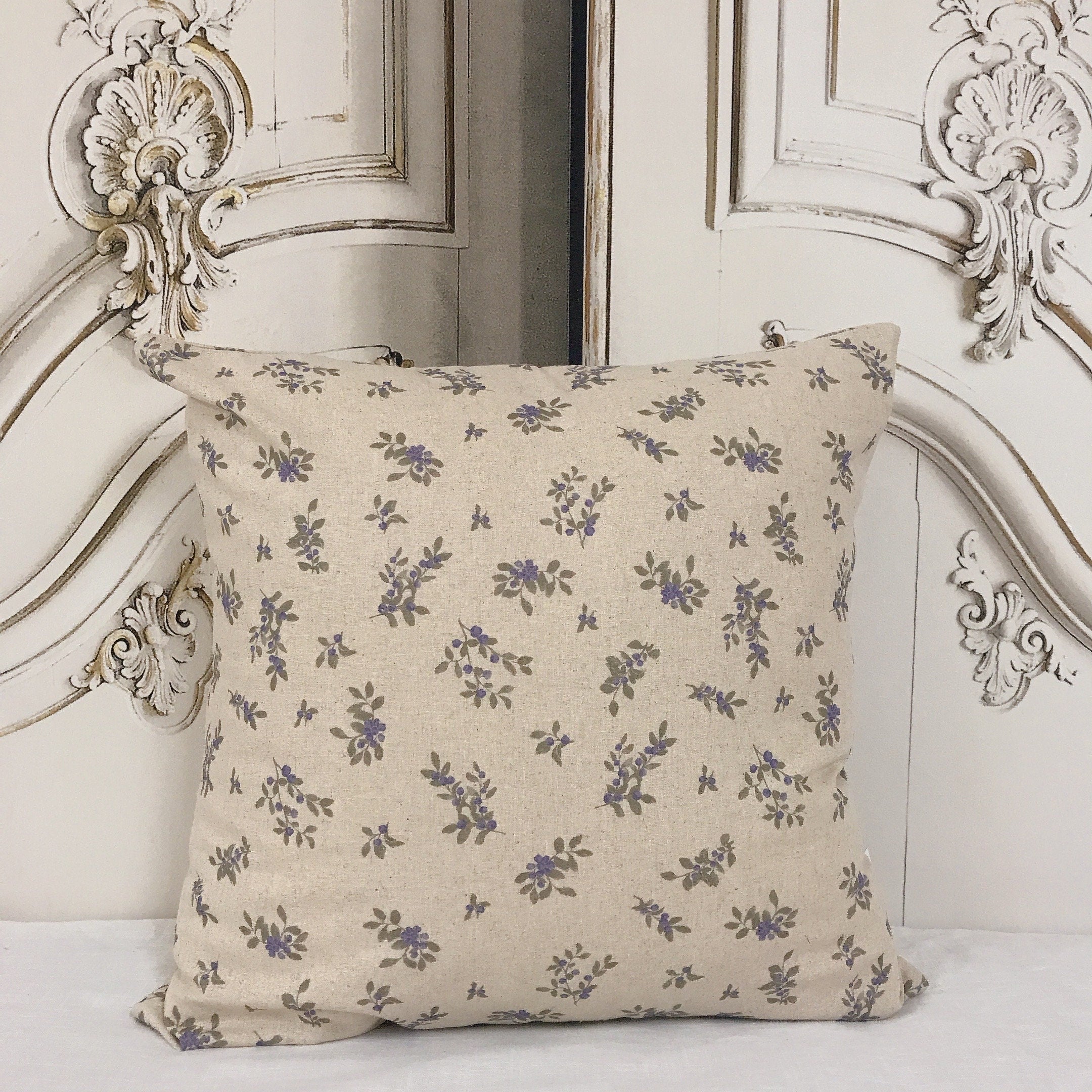 Blue Berry Print Cushion Cover on Natural Beige