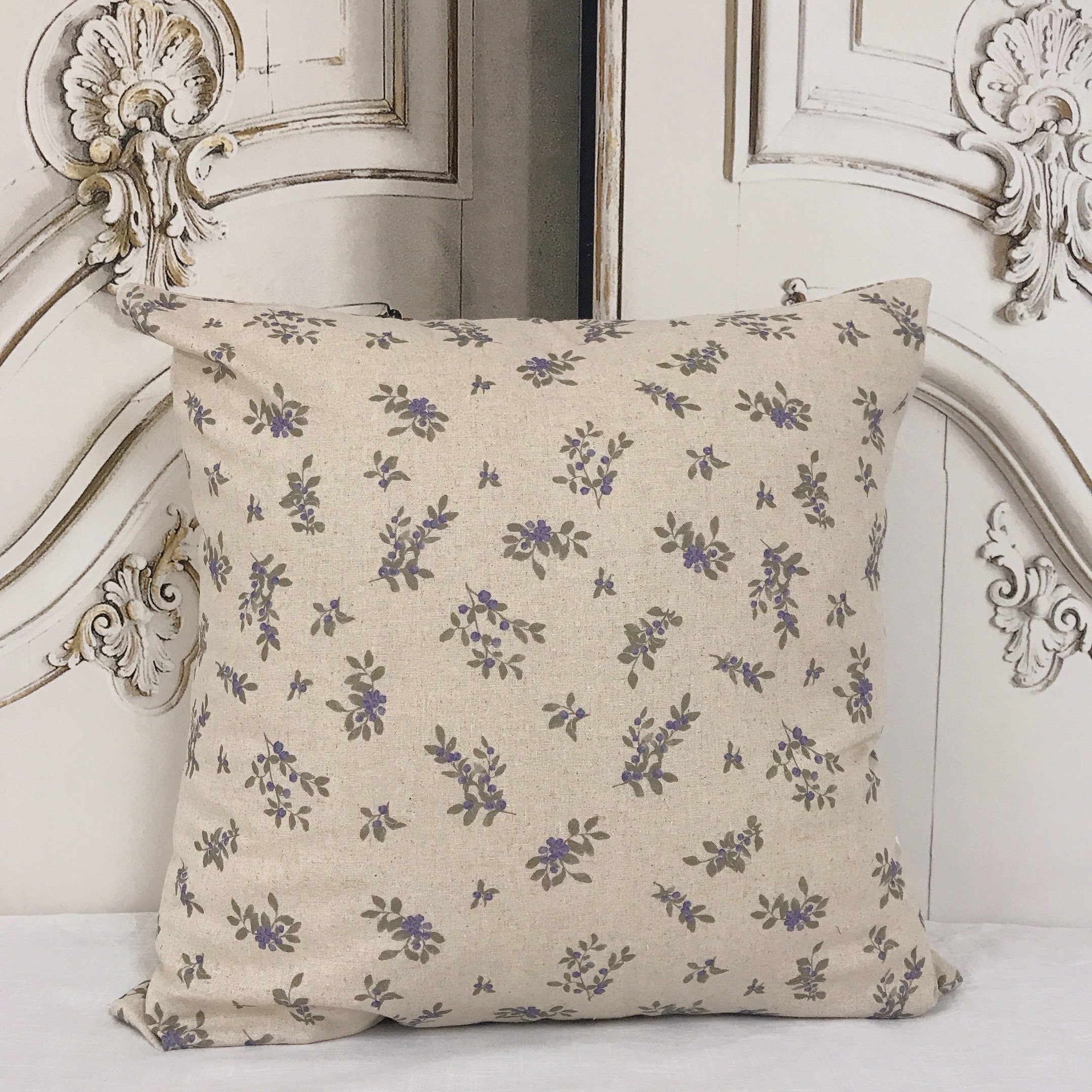 Blue Berry Print Cushion Cover on Natural Beige