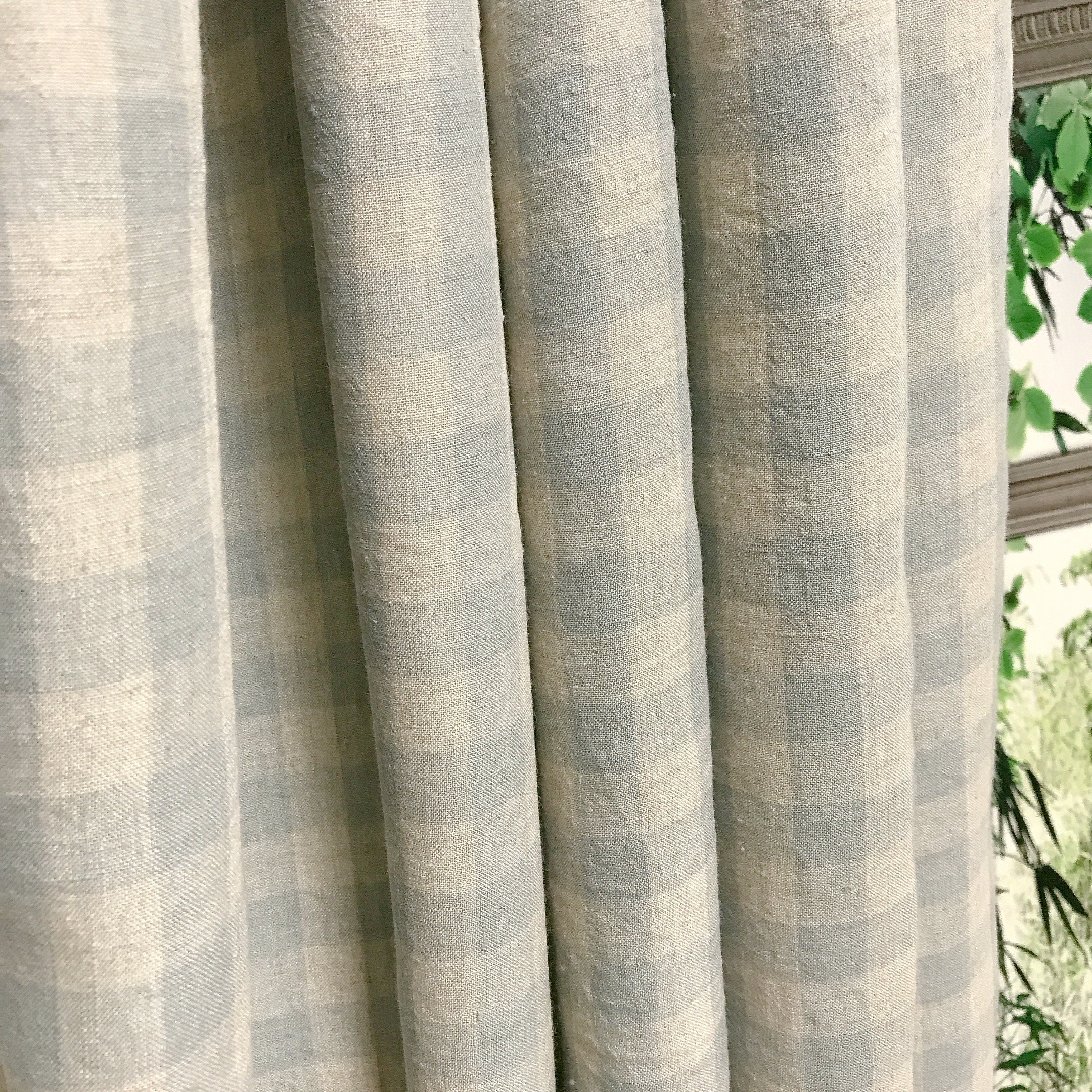 Light Mint Grey and  Natural Beige Plaid Linen Curtain