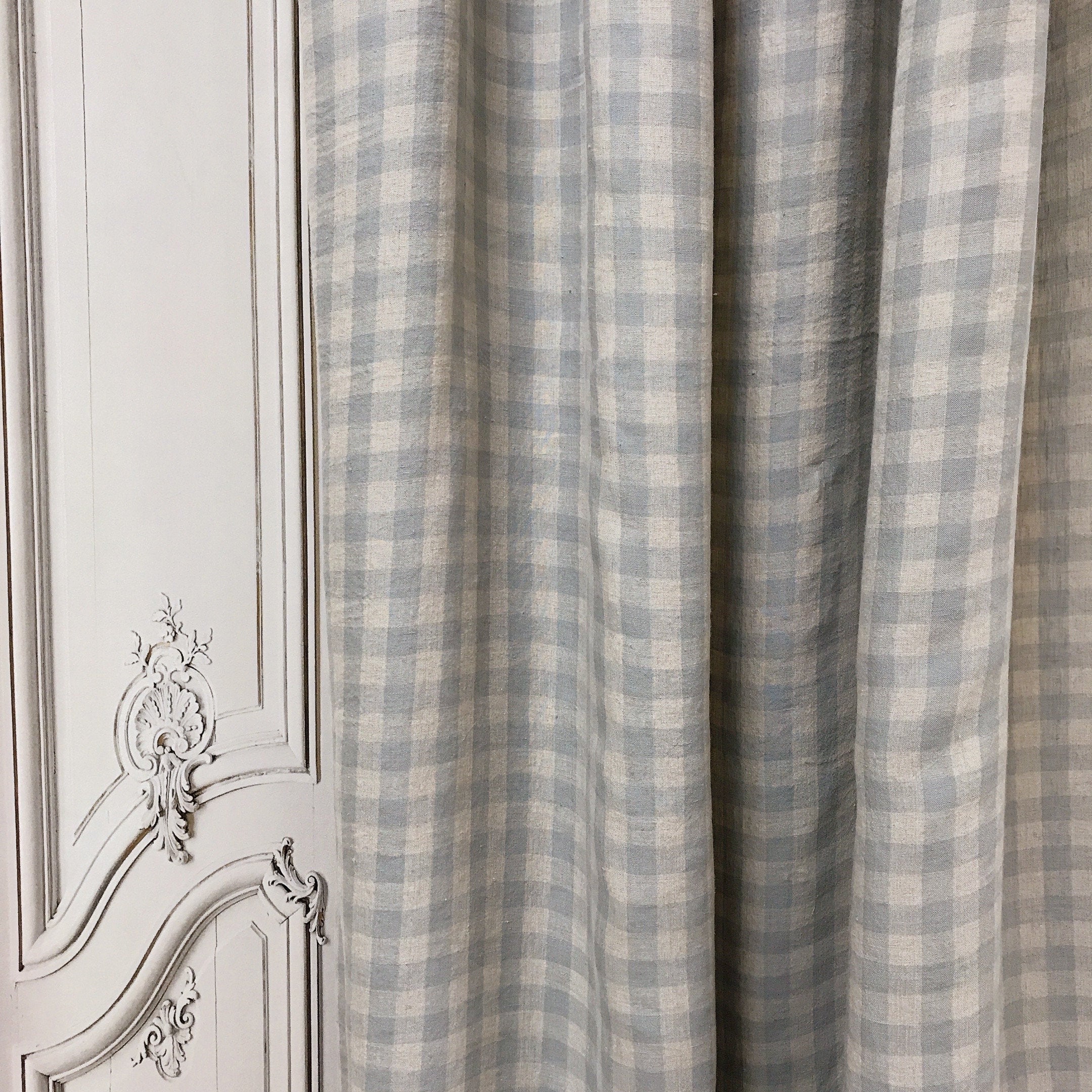 Light Mint Grey and  Natural Beige Plaid Linen Curtain