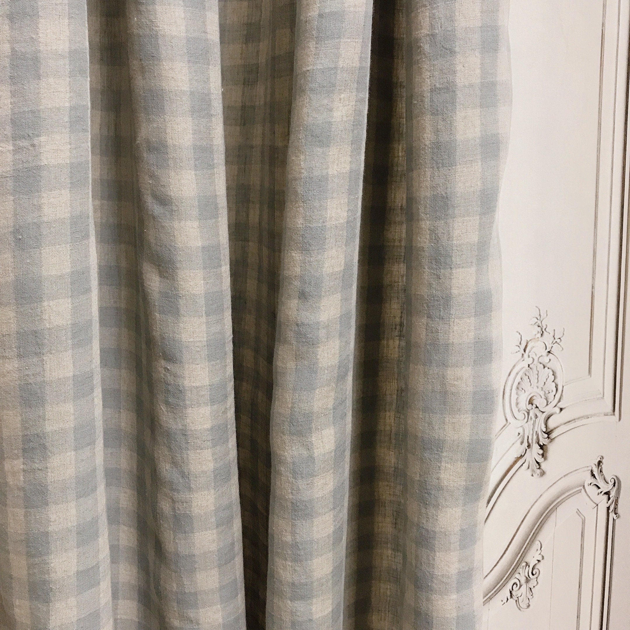 Light Mint Grey and  Natural Beige Plaid Linen Curtain