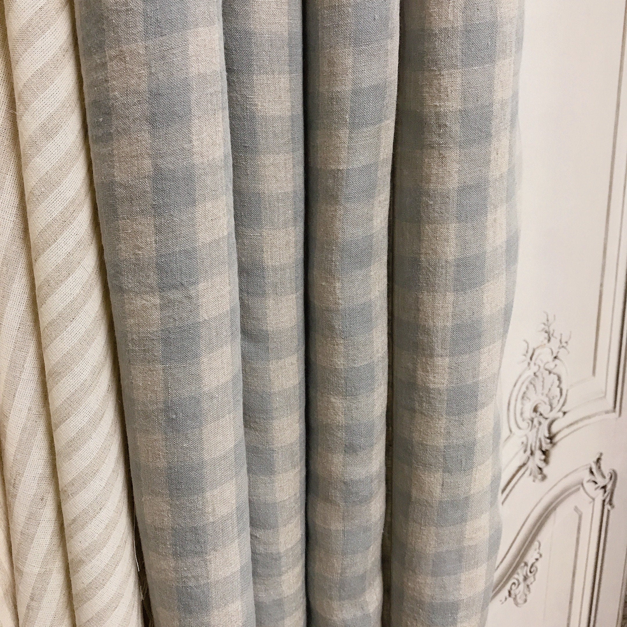 Light Mint Grey and  Natural Beige Plaid Linen Curtain