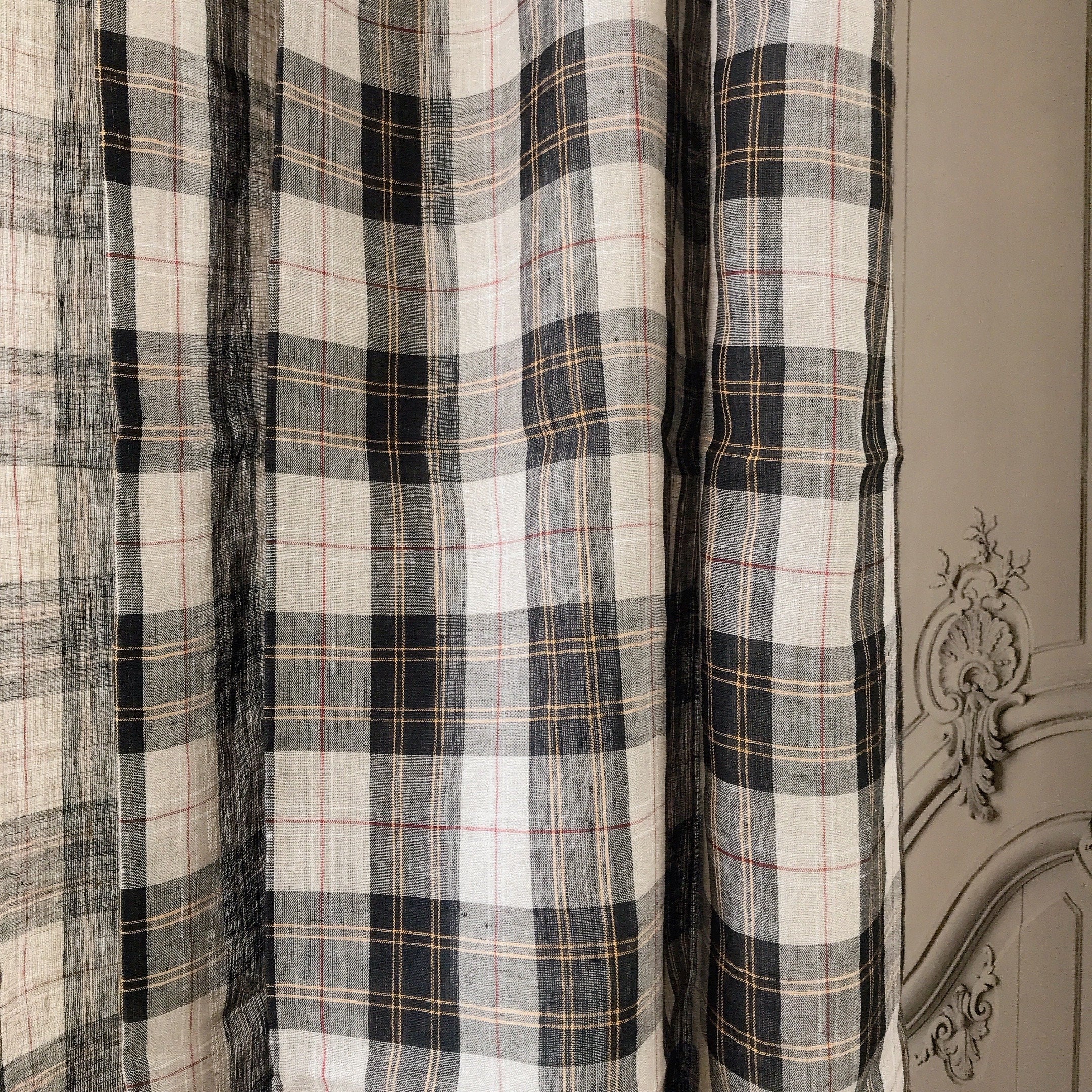 Black Orange Yellow and Red Plaid Linen Curtain on Natural Beige
