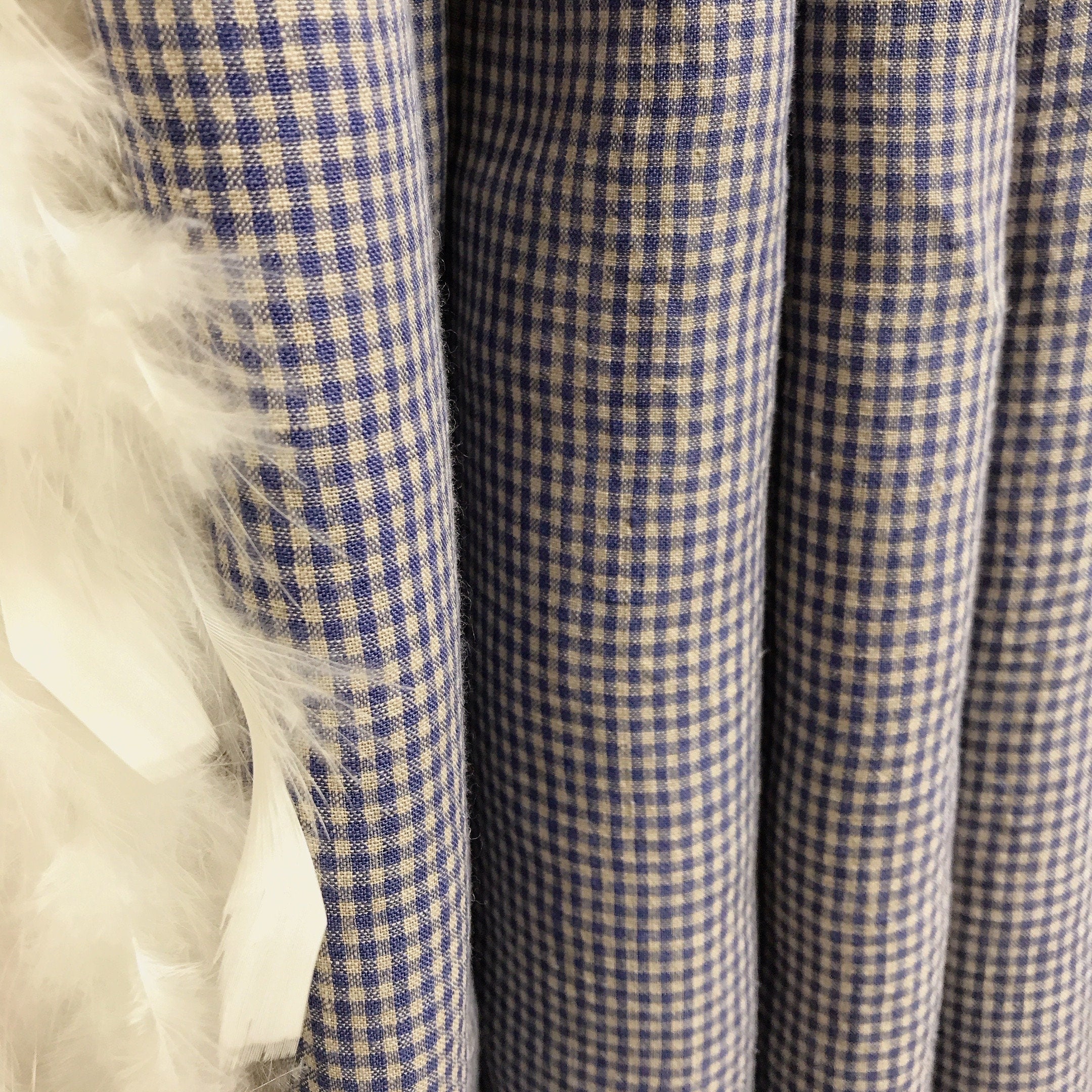 Blue and Natural Beige Tiny Plaid Curtain