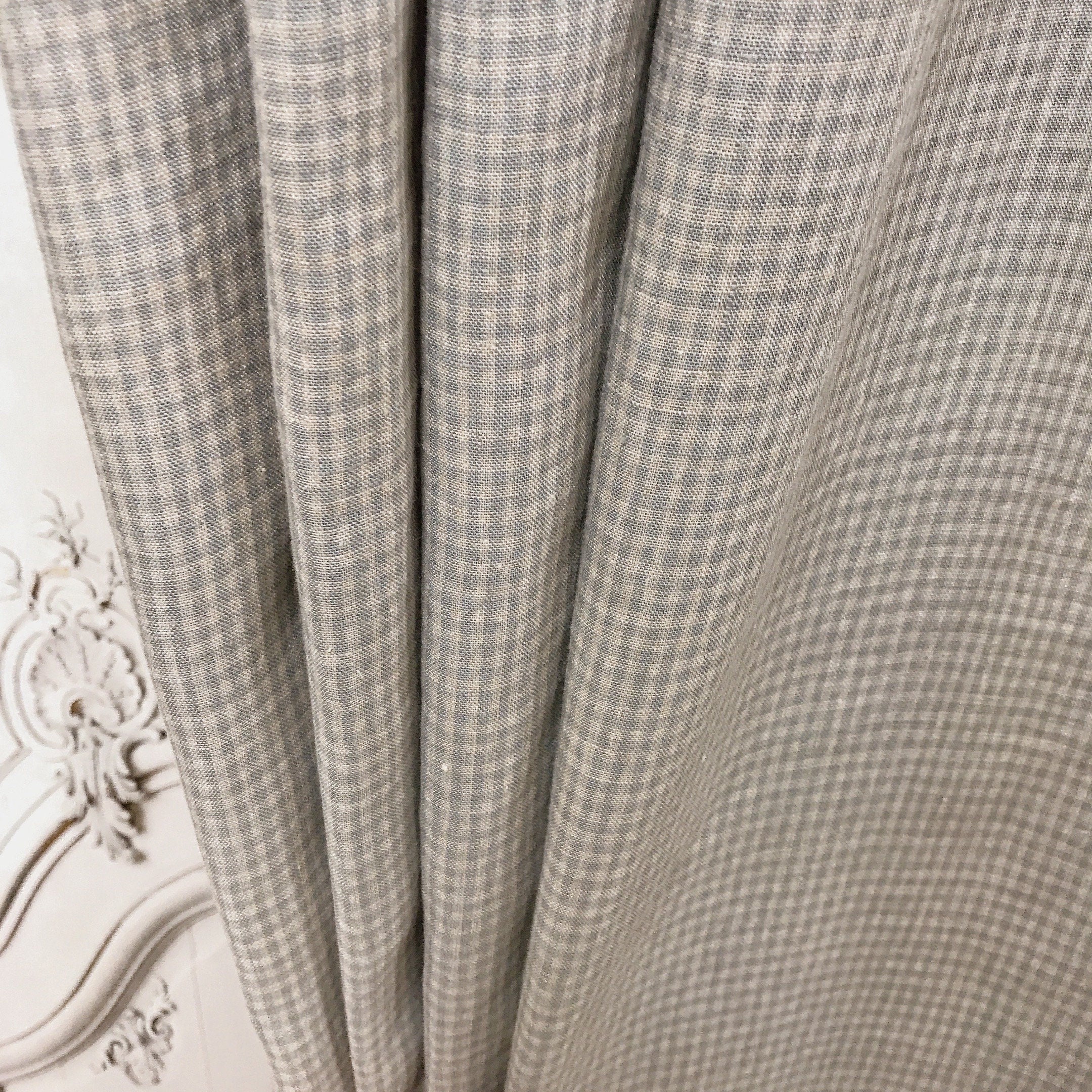Light Mint Grey and Natural Beige Mini Plaid Linen Curtain