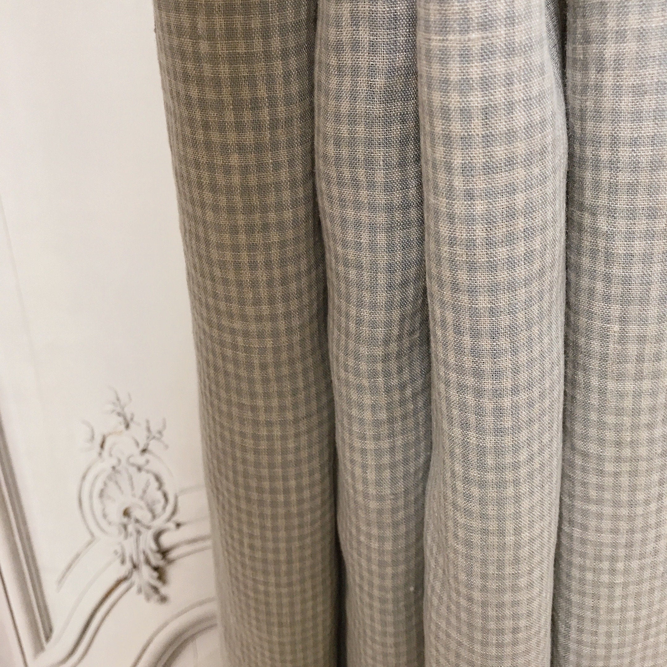 Light Mint Grey and Natural Beige Mini Plaid Linen Curtain
