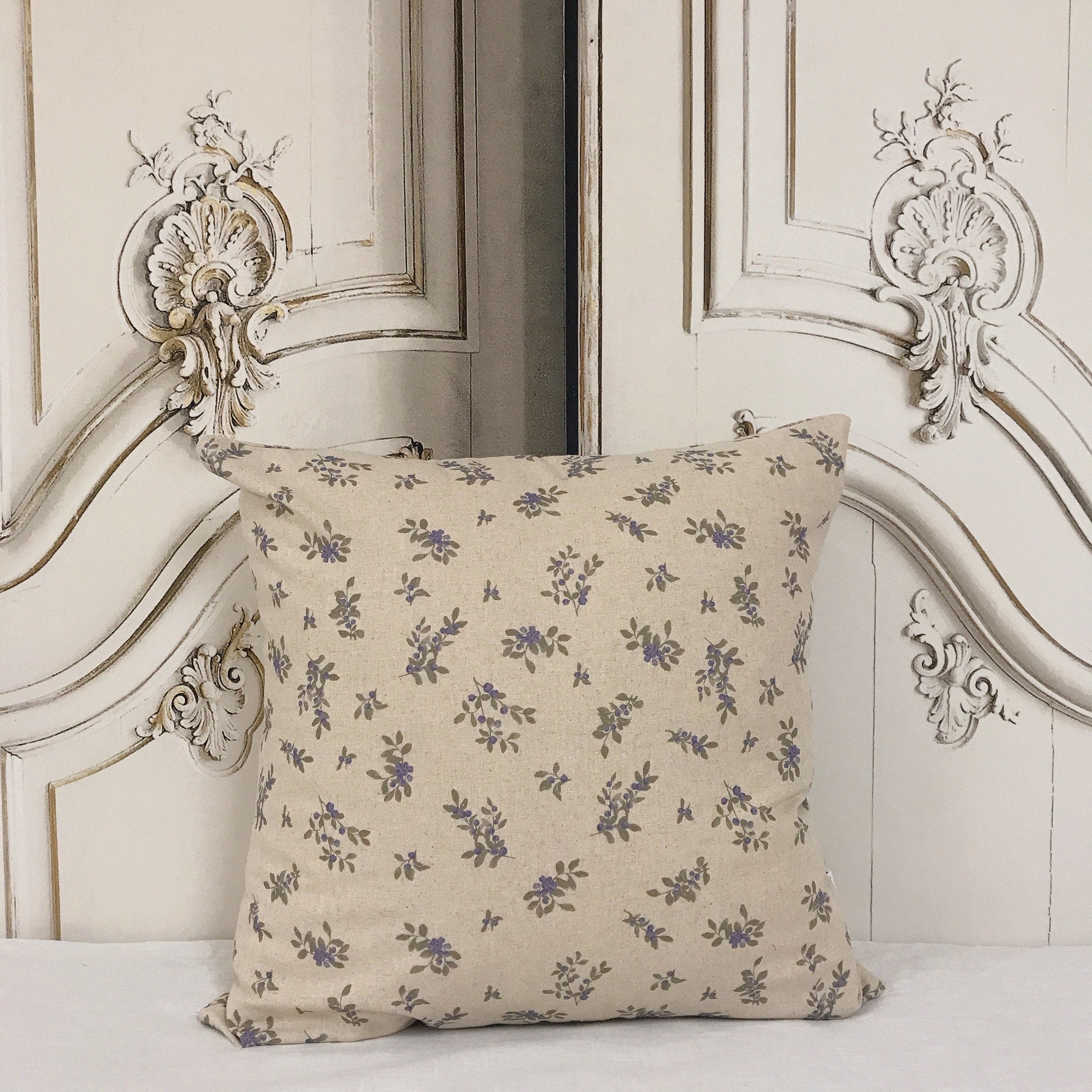 Blue Berry Print Cushion Cover on Natural Beige