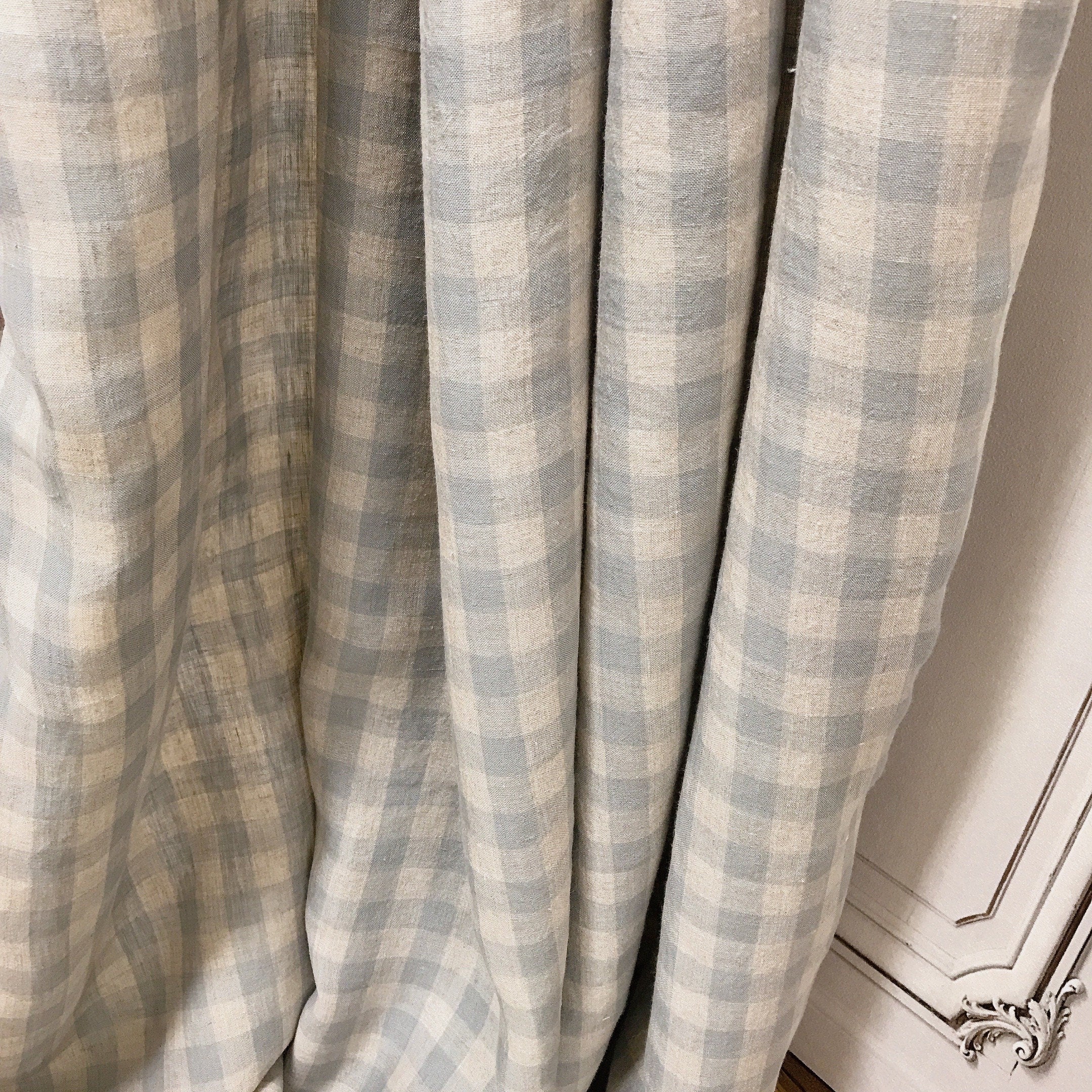 Light Mint Grey and  Natural Beige Plaid Linen Curtain
