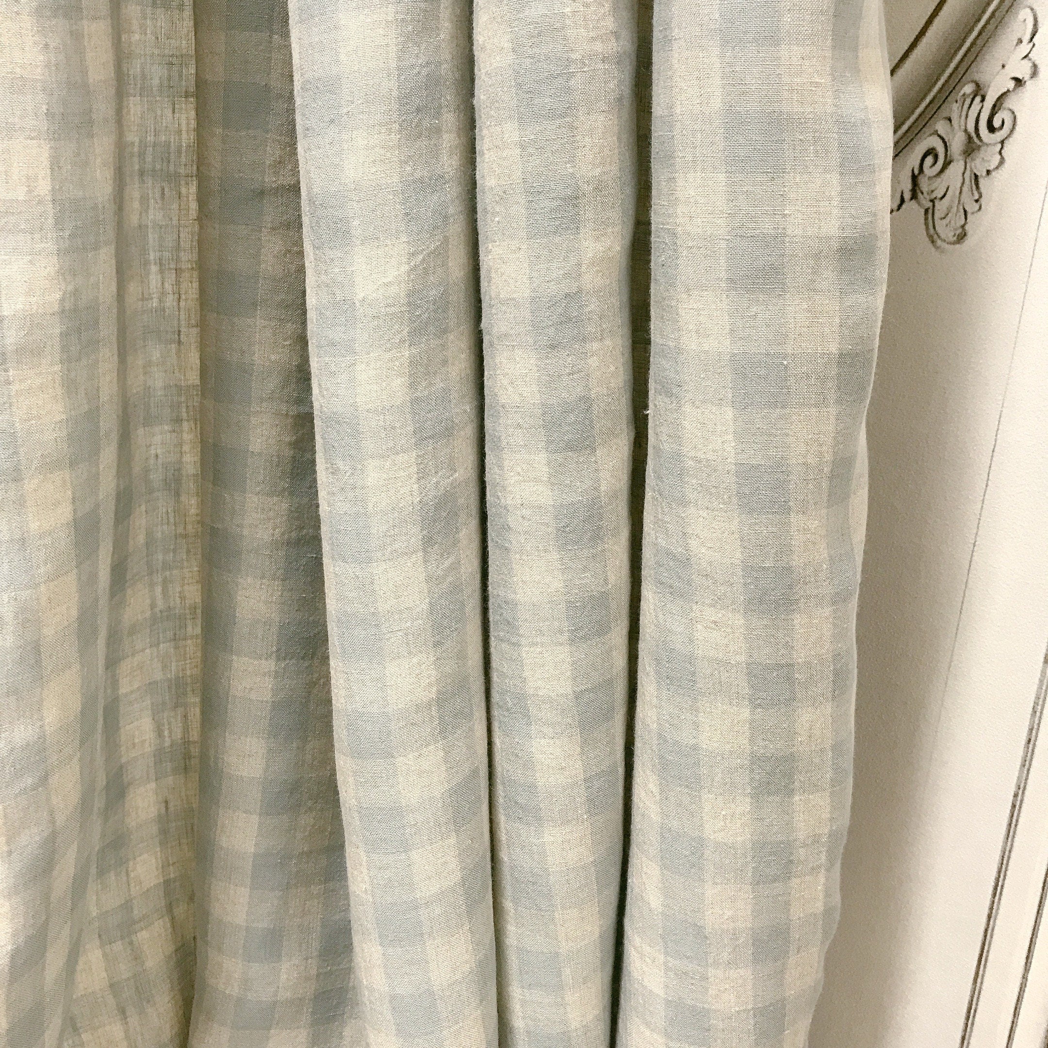 Light Mint Grey and  Natural Beige Plaid Linen Curtain