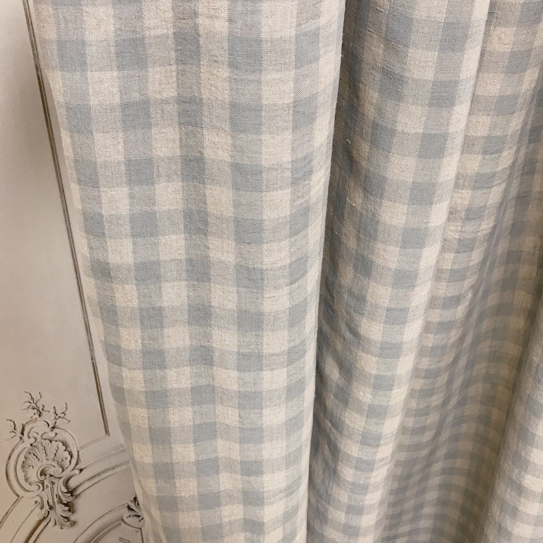 Light Mint Grey and  Natural Beige Plaid Linen Curtain
