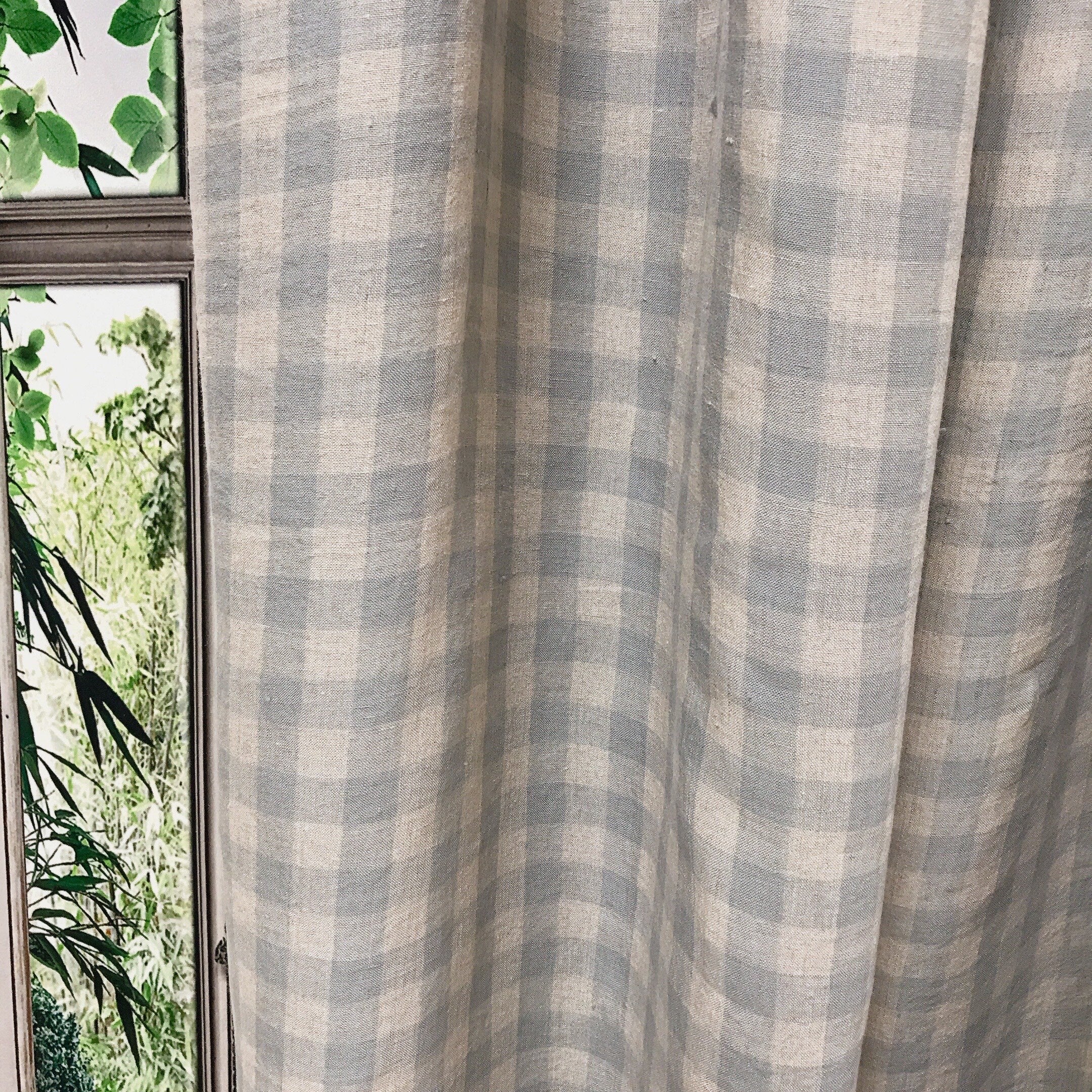 Light Mint Grey and  Natural Beige Plaid Linen Curtain