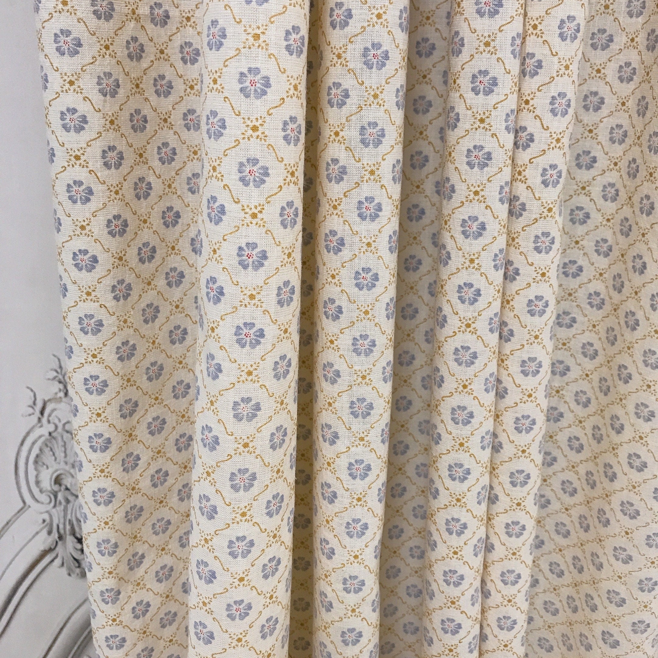 Retro Light Purple and Navy Floral Curtain on Beige Ivory