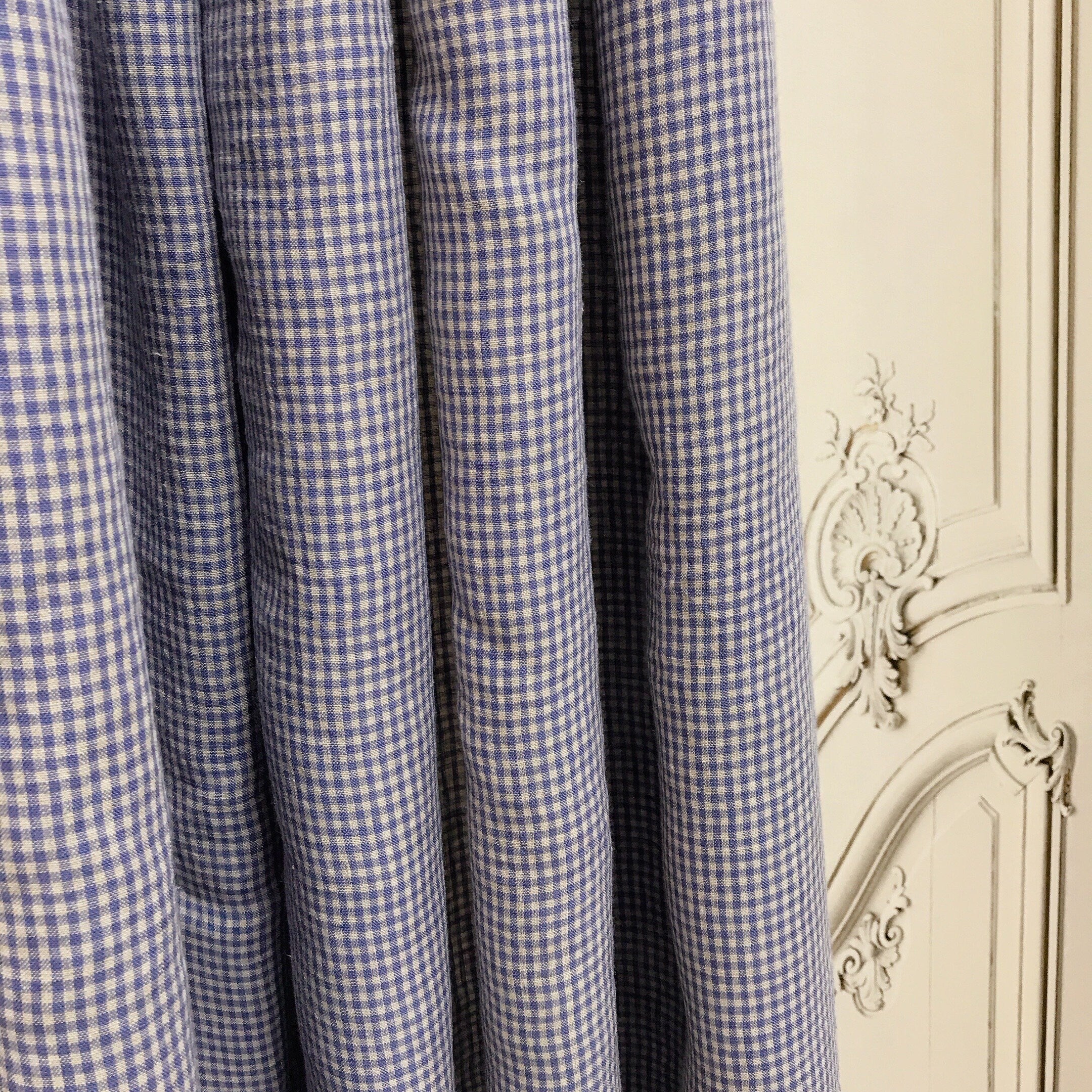 Blue and Natural Beige Tiny Plaid Curtain