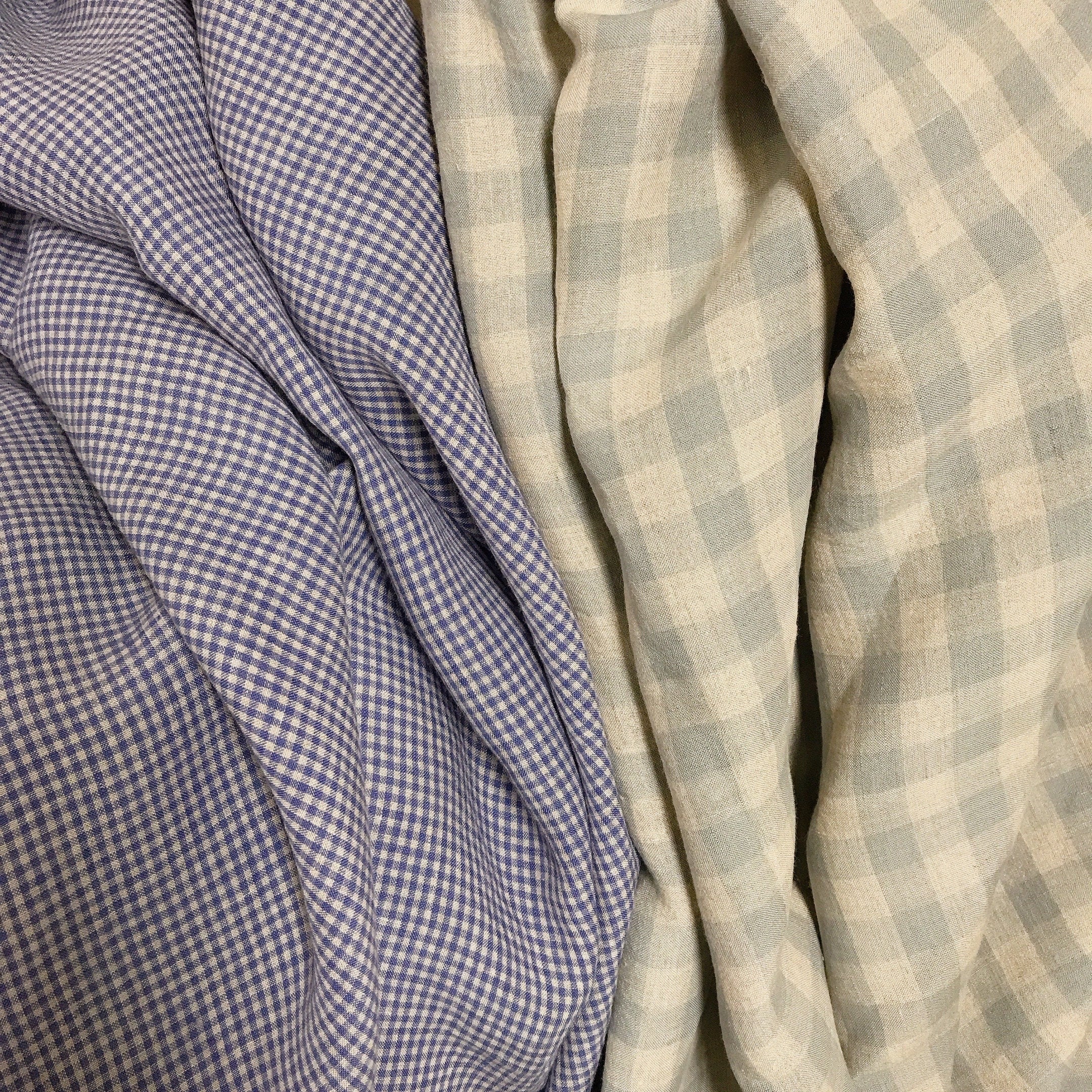 Blue and Natural Beige Tiny Plaid Curtain