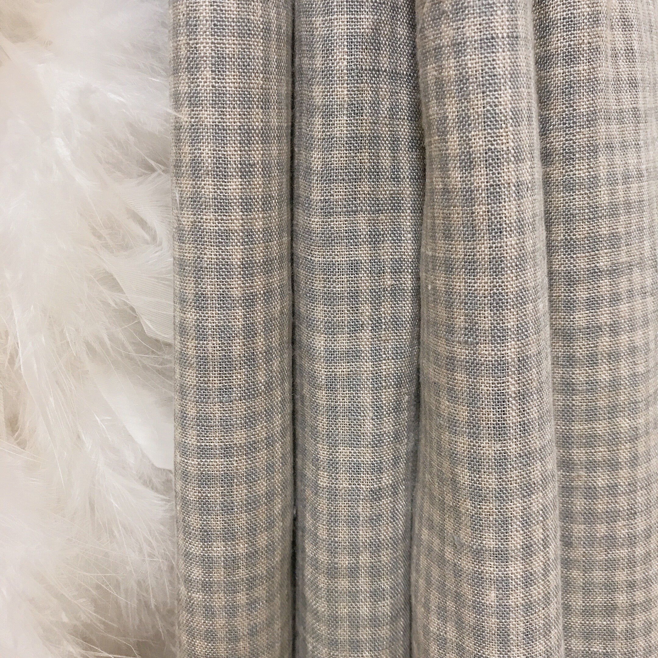 Light Mint Grey and Natural Beige Mini Plaid Linen Curtain