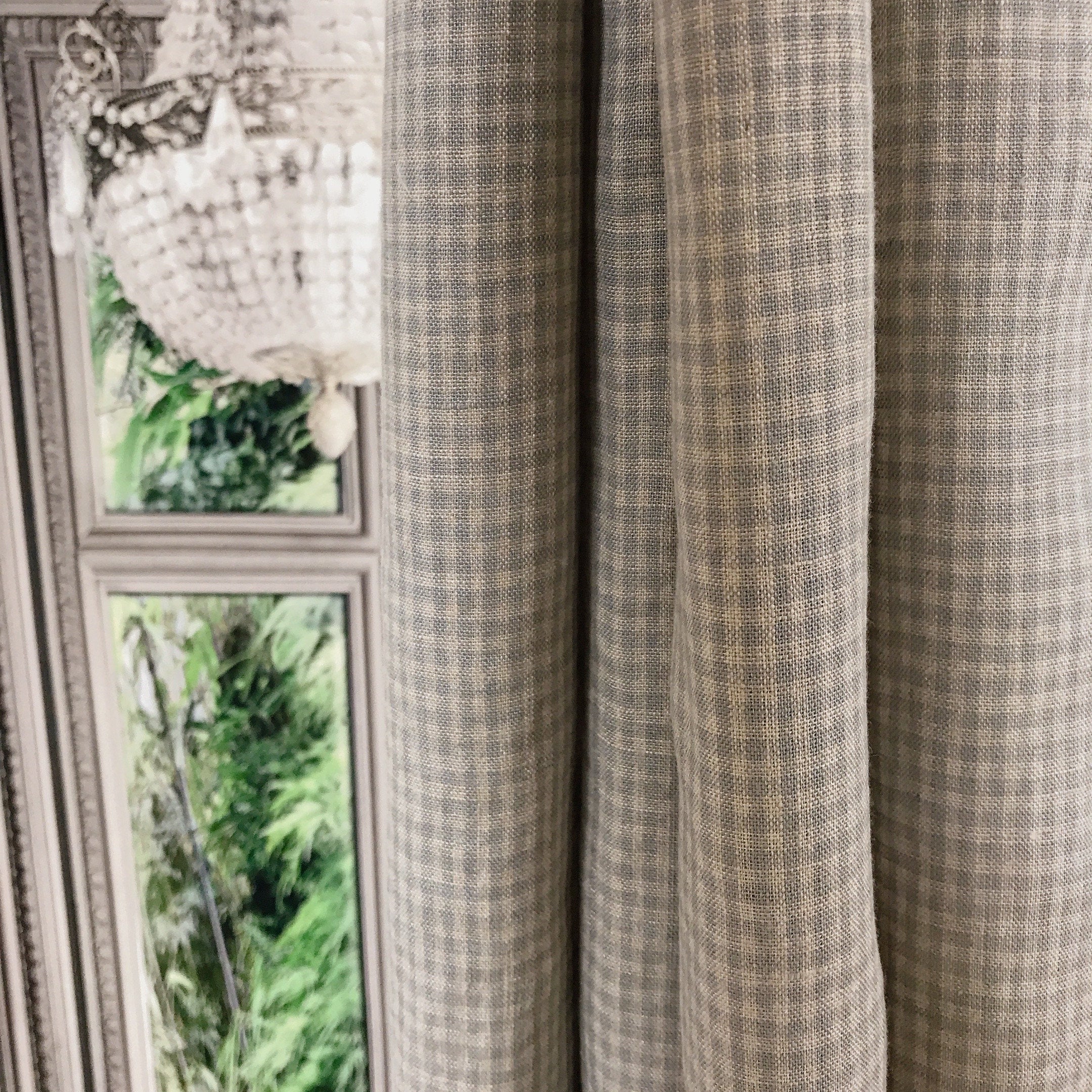 Light Mint Grey and Natural Beige Mini Plaid Linen Curtain