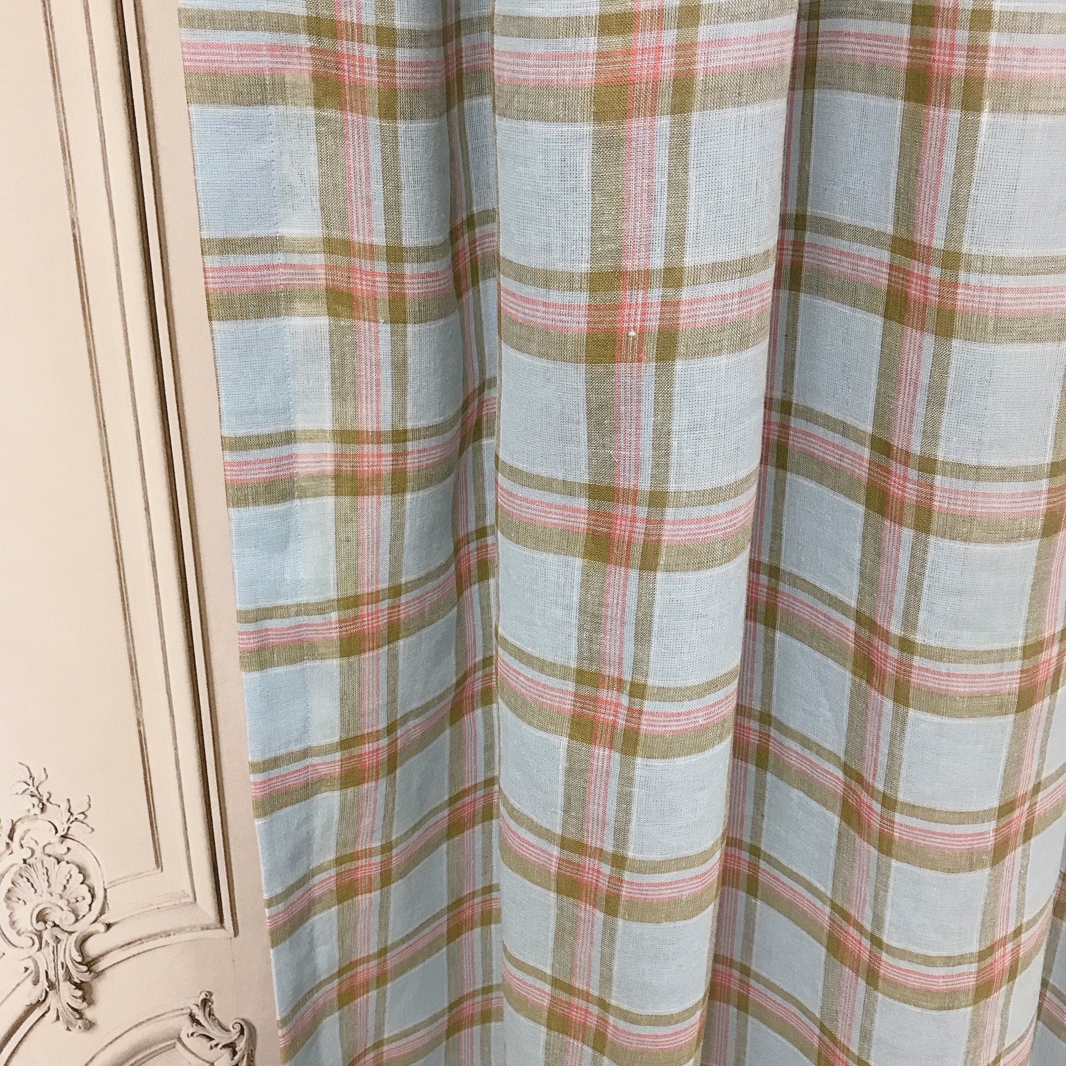 Khaki and Light Blue Linen Curtain