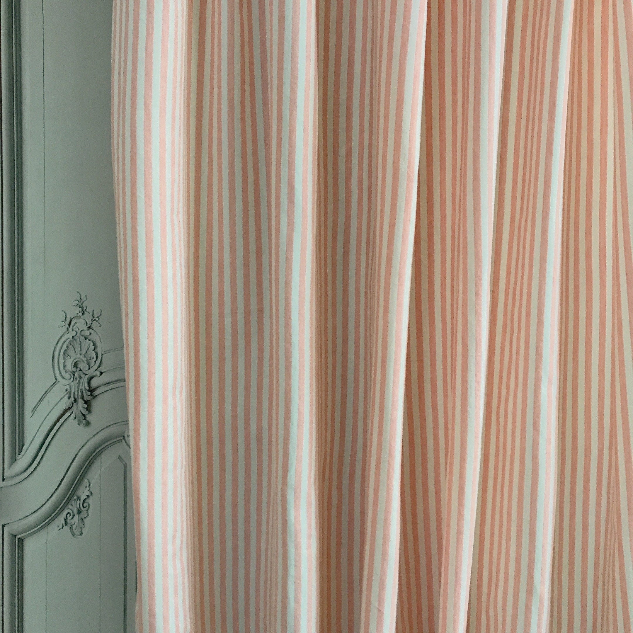 Faded Light Coral Pink Stripe Curtain on Ivory