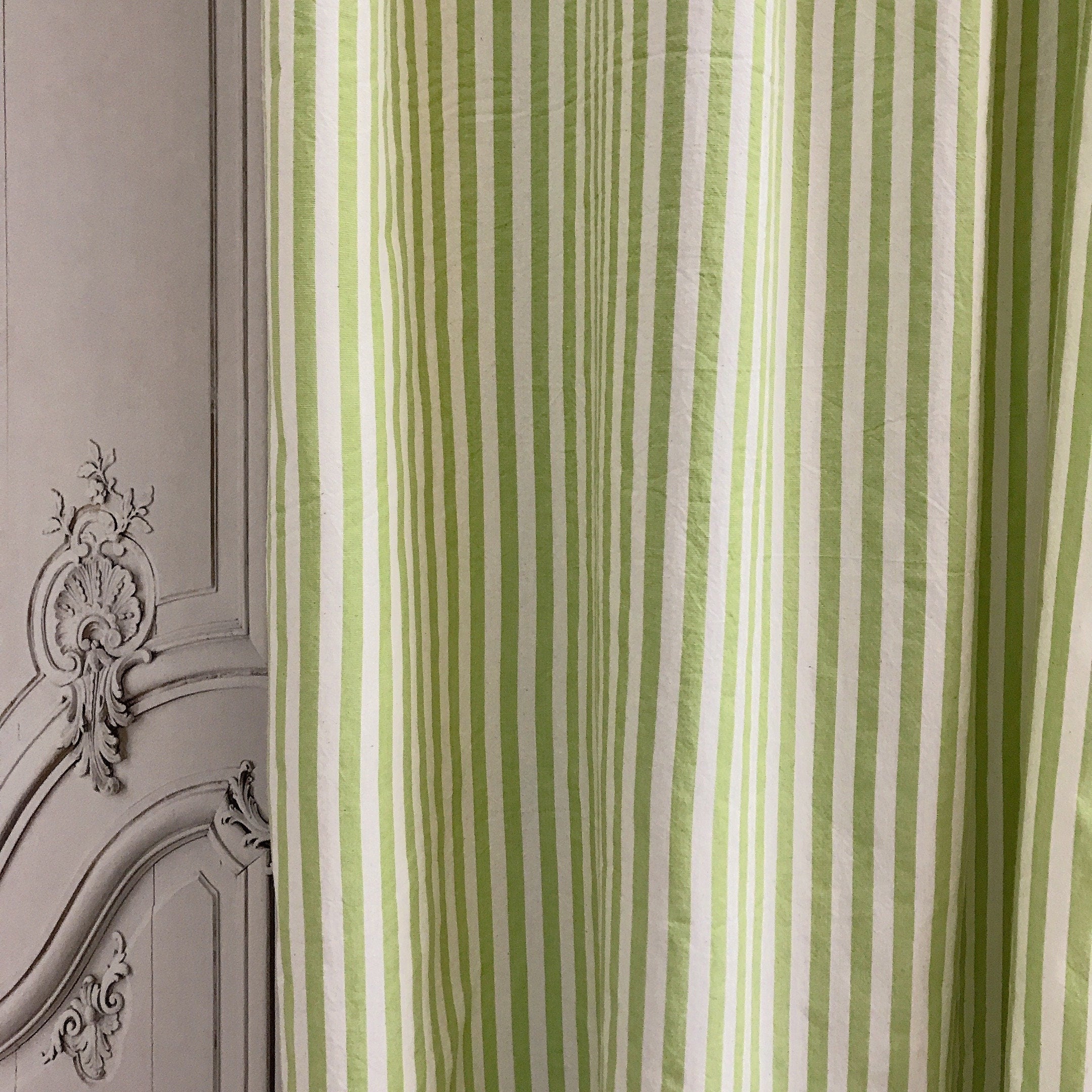 Faded Olive Green Stripe Curtain on Ivory