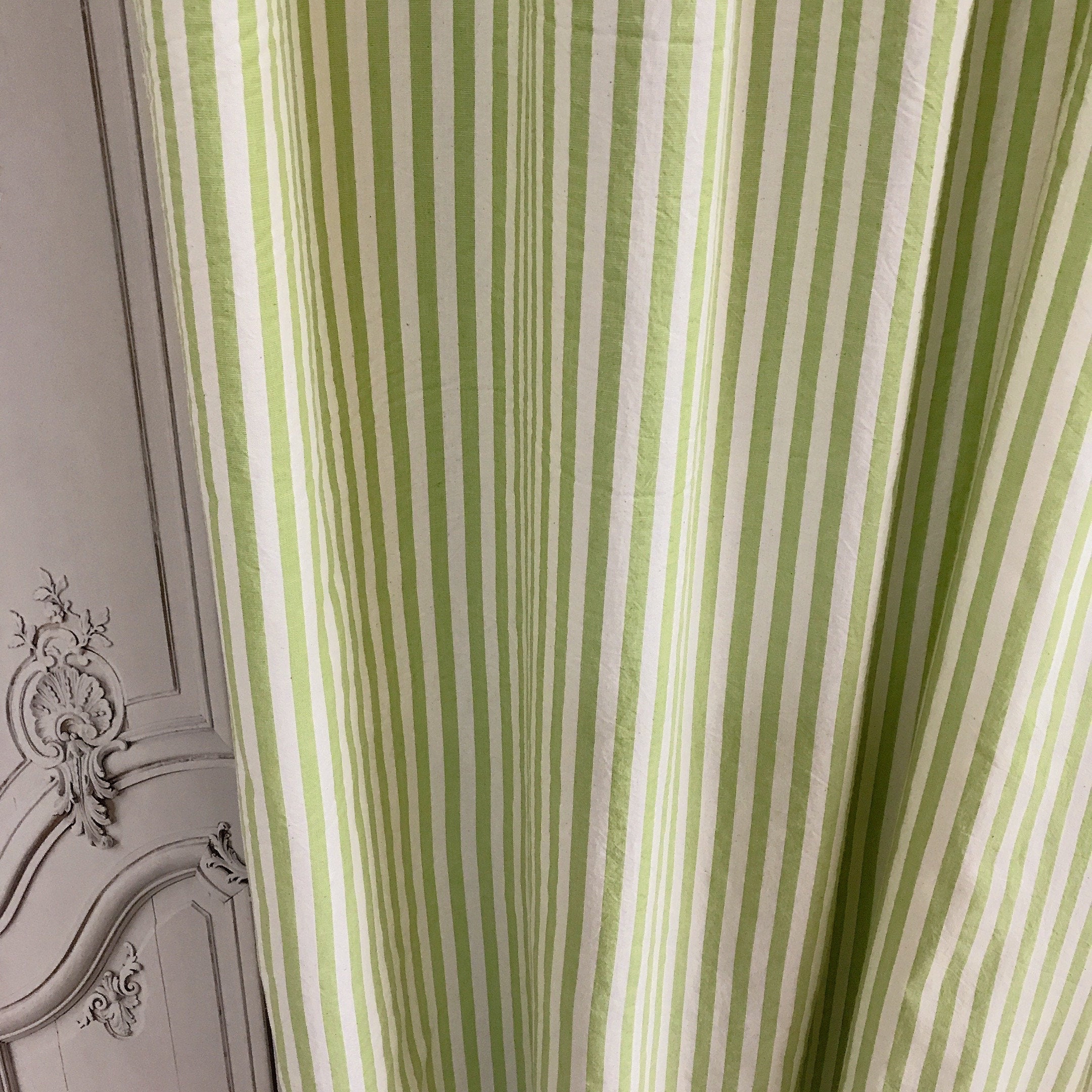 Faded Olive Green Stripe Curtain on Ivory
