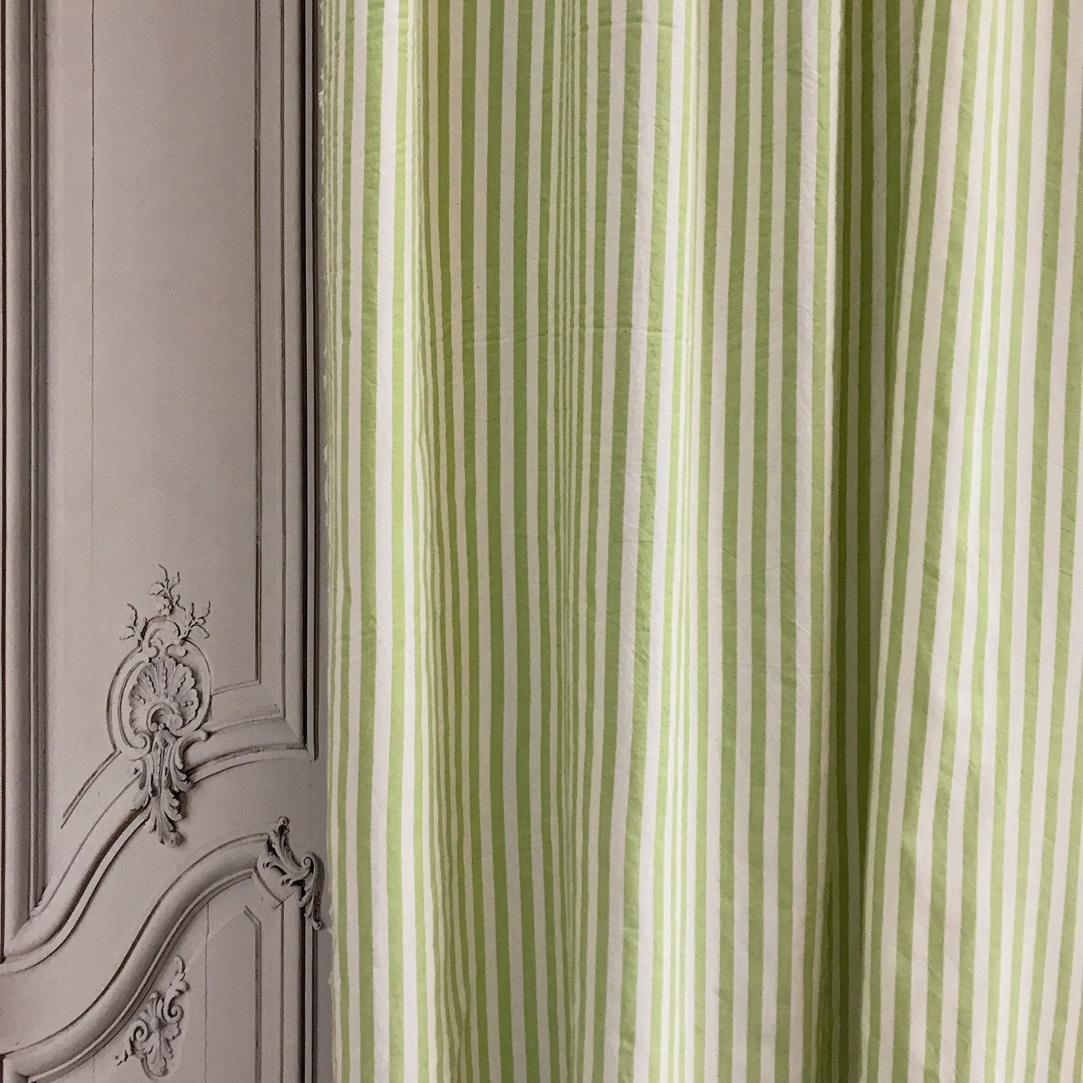 Faded Olive Green Stripe Curtain on Ivory