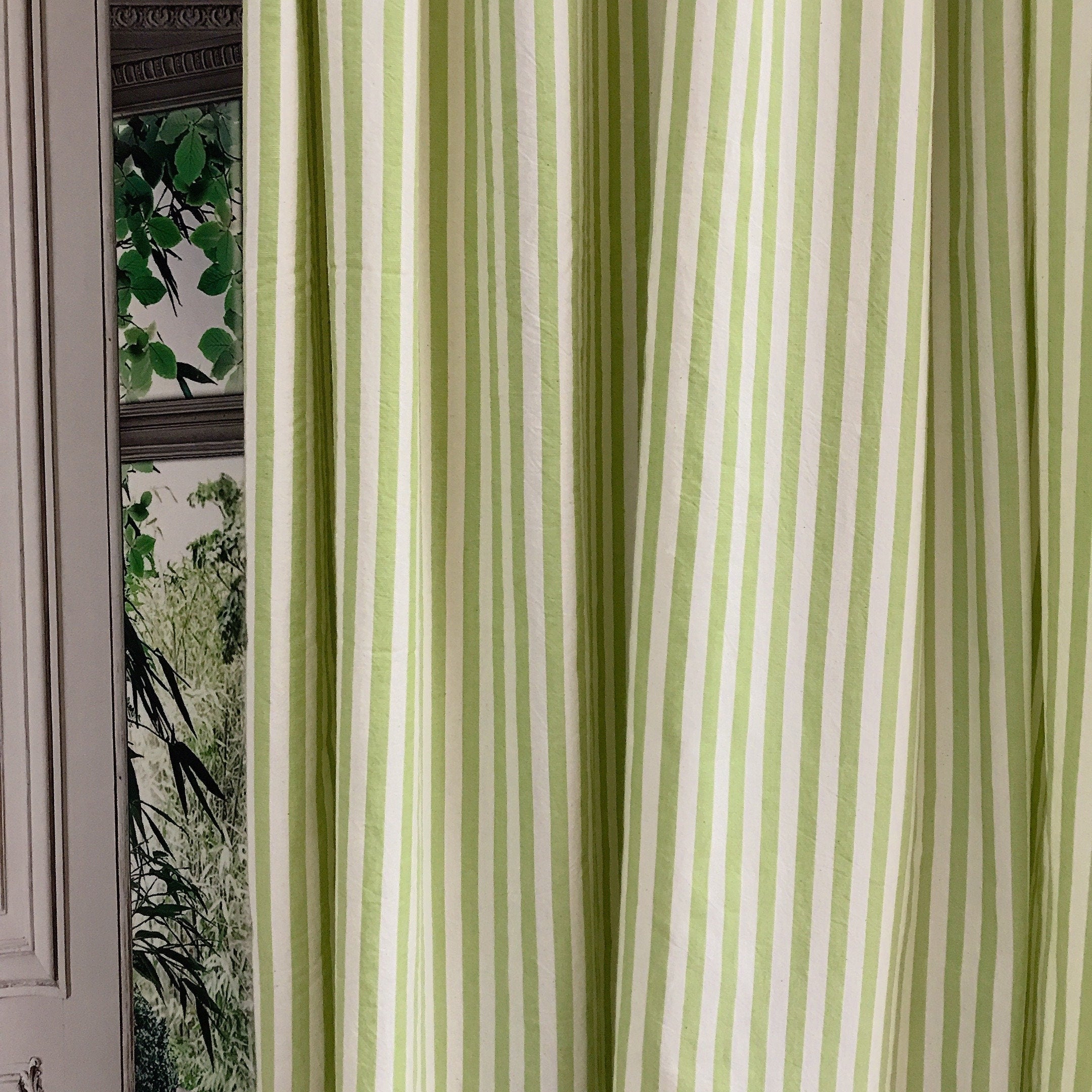 Faded Olive Green Stripe Curtain on Ivory