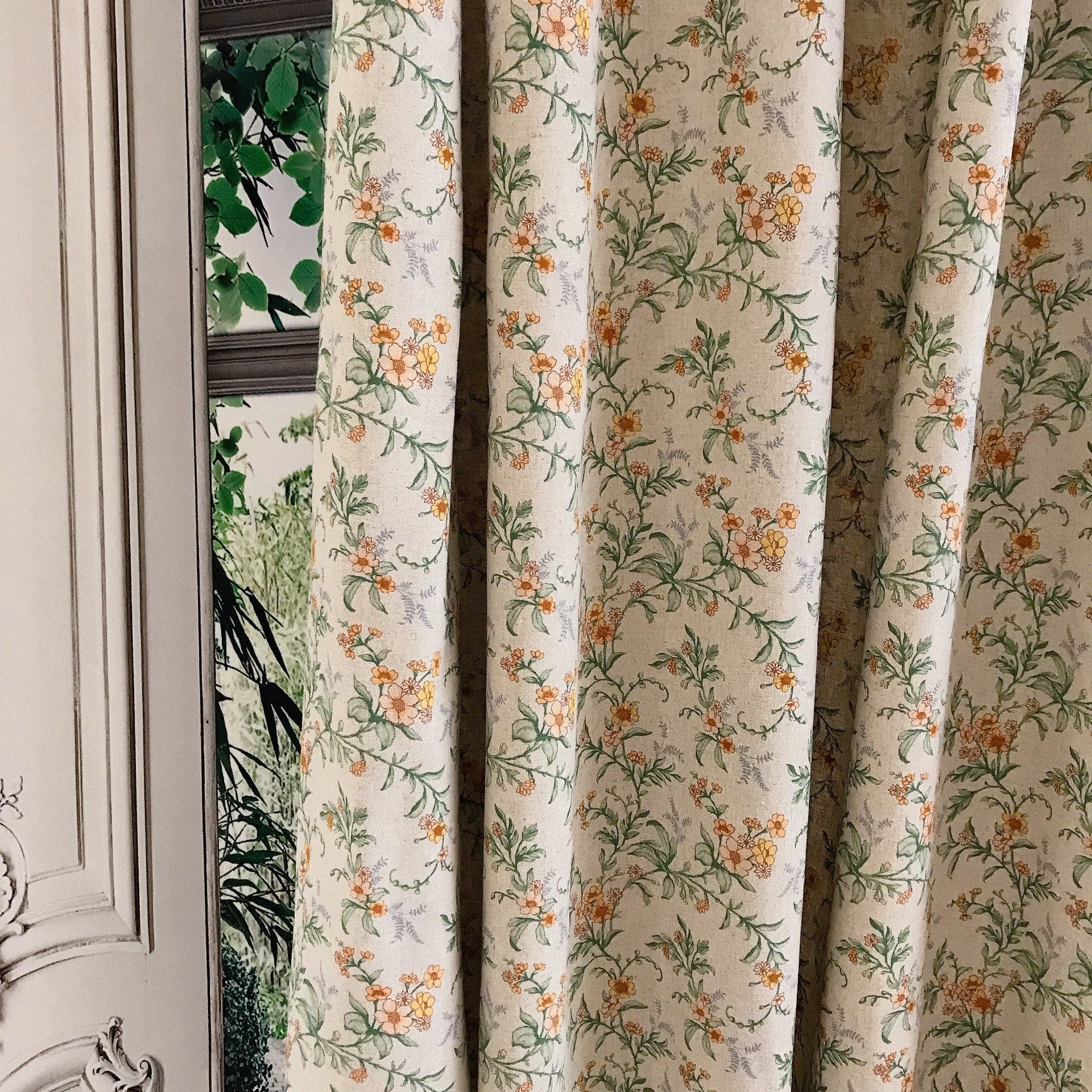 Yellow Floral Sage Leaves Curtain on Natural Beige