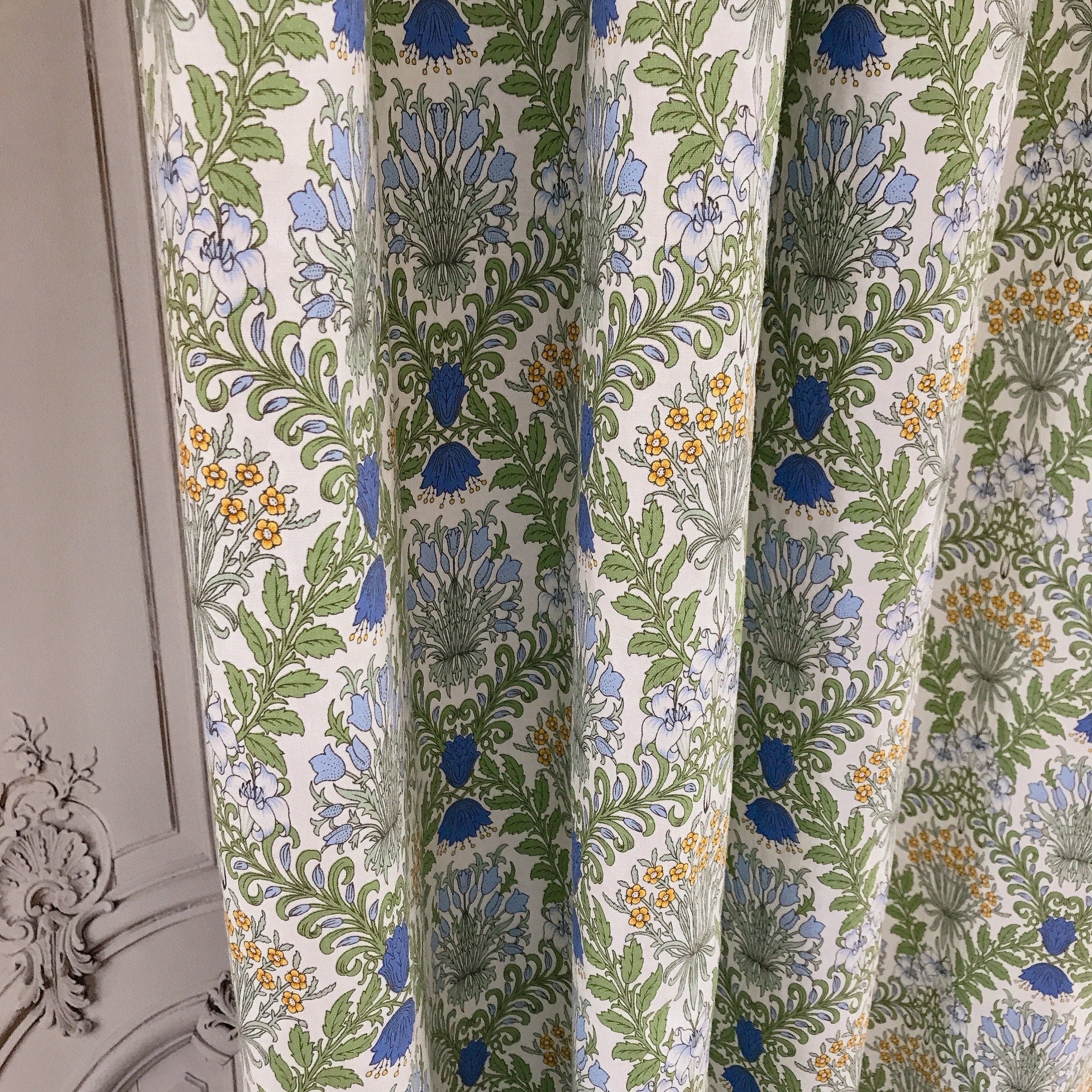 Blue and Mustard Botanical Floral Curtain on Ivory