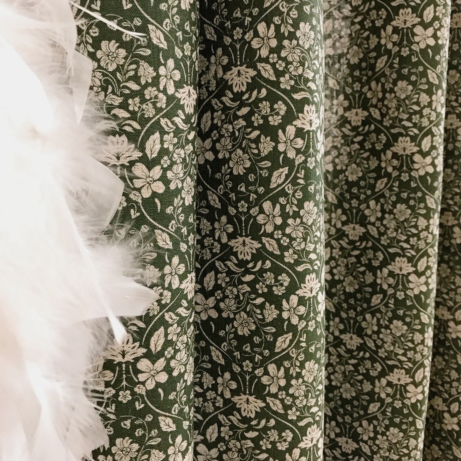 Natural Beige Floral Curtain on Deep Green