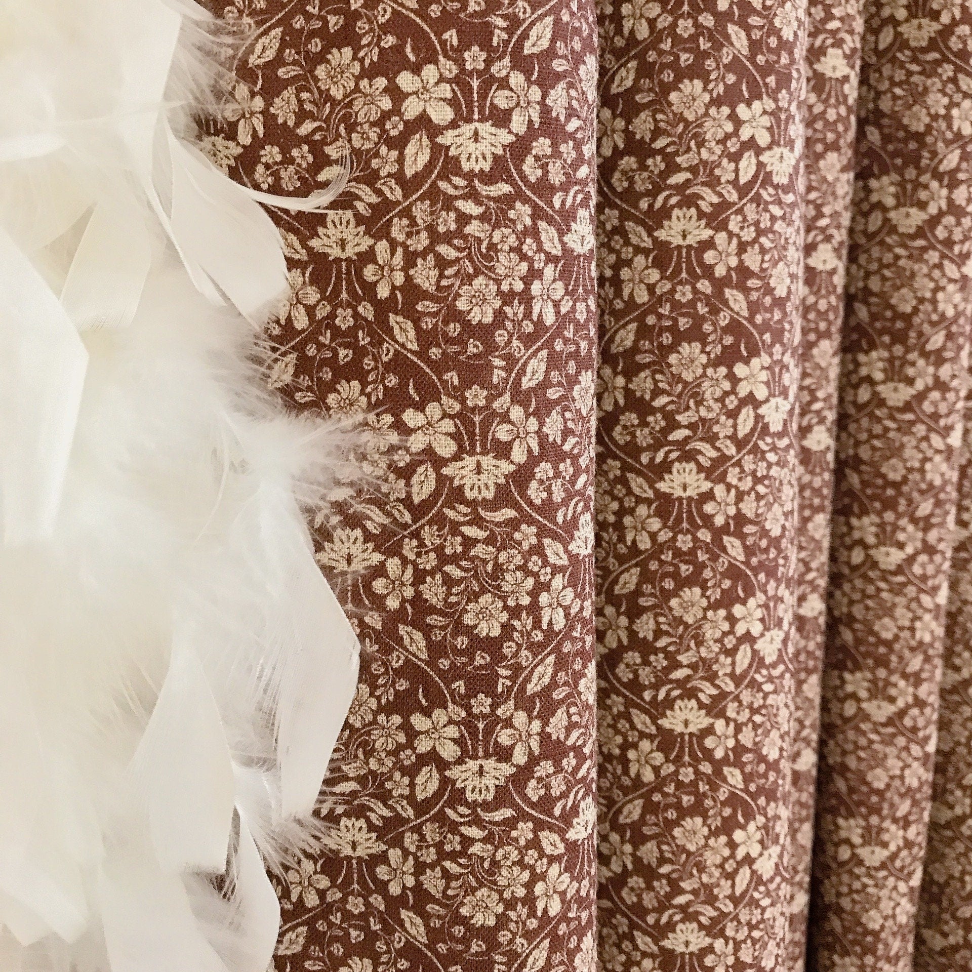 Natural Beige Floral Curtain on Deep Reddish Brown