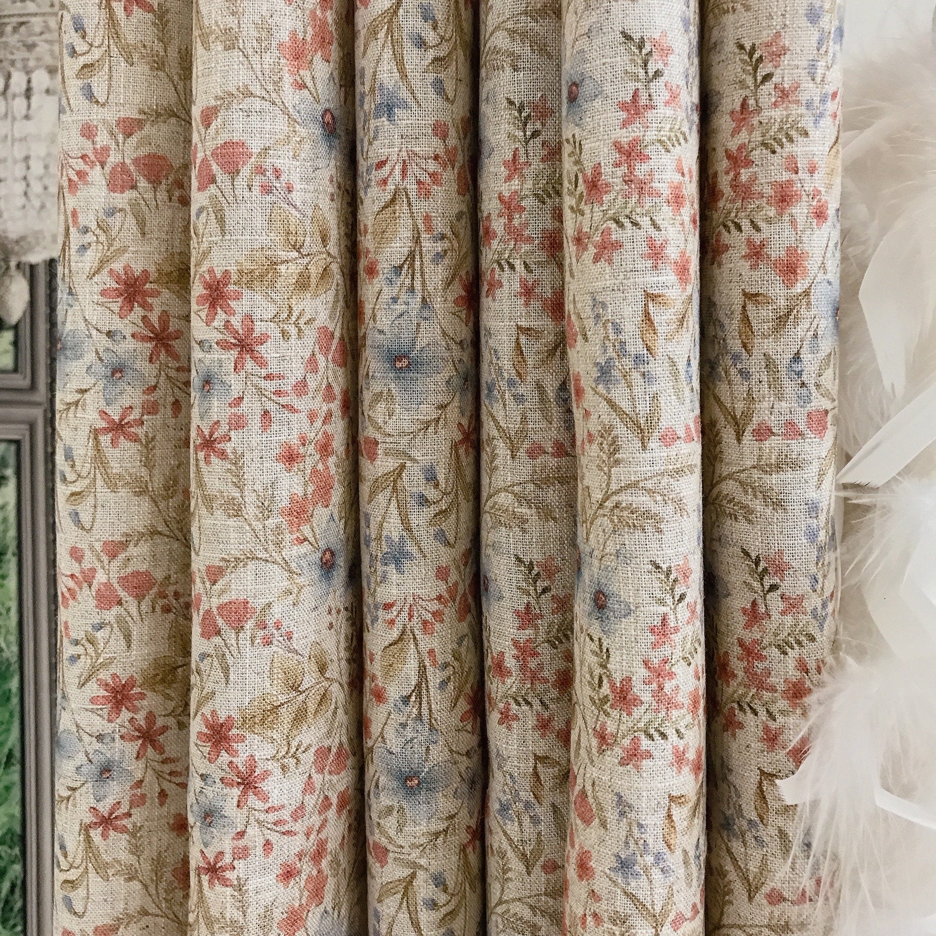 Faded Blue Brick Floral Curtain on Natural Beige