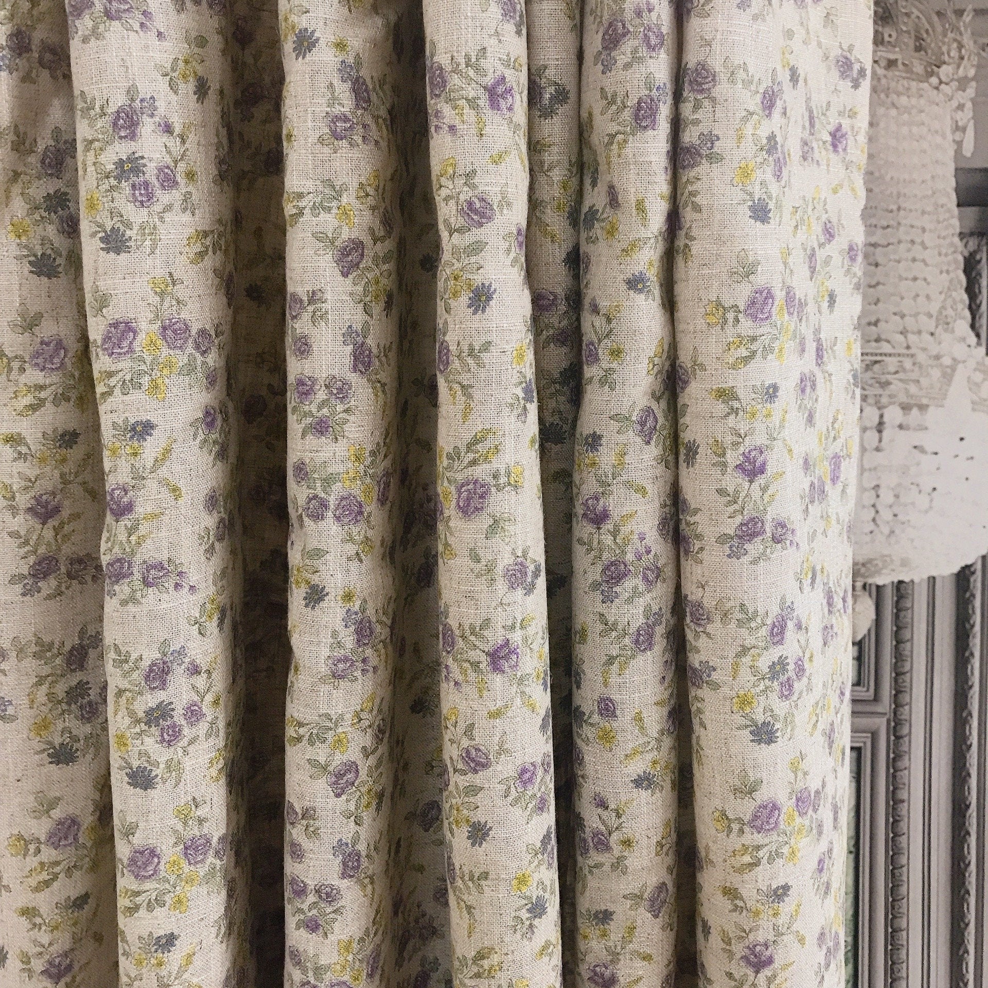 Purple and Lemon Floral Curtain on Natural Beige